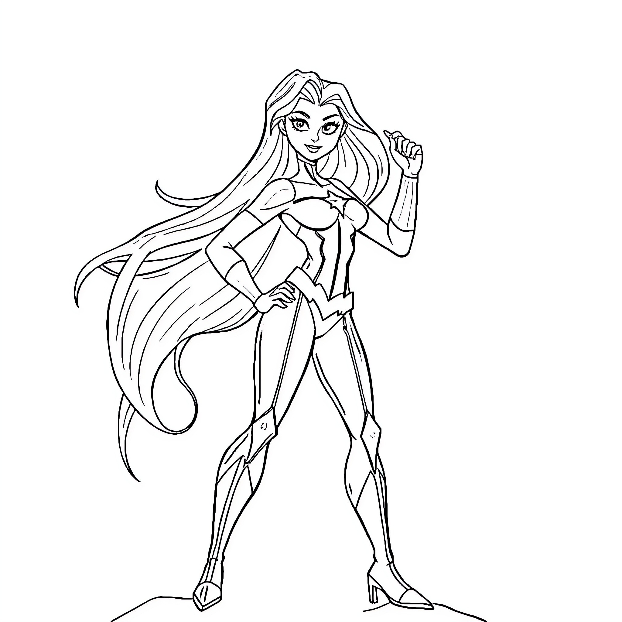 Starfire posing heroically in her signature outfit Coloring Page (free black-and-white line drawing printable PDF for all, from beginners to advanced learners, including children, teens, adults, and seniors)
