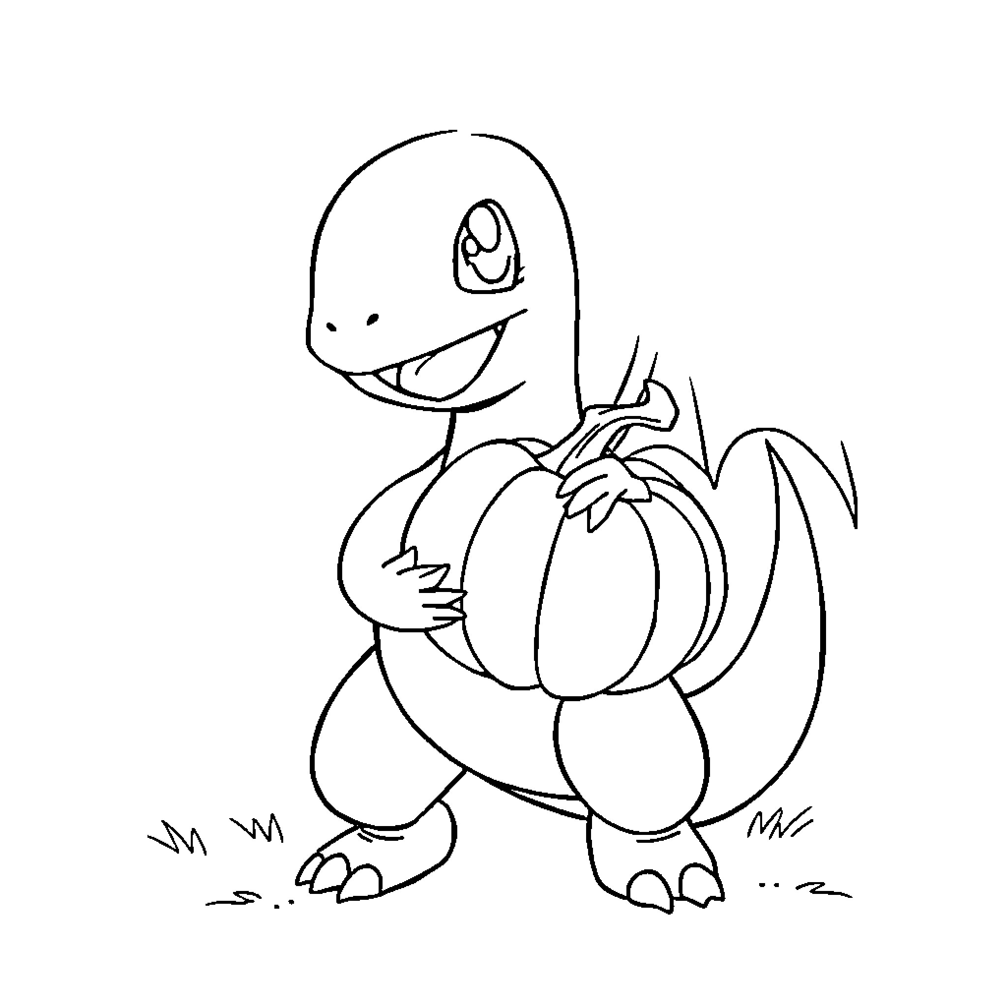Charmander carrying a pumpkin Coloring Page (free black-and-white line drawing printable PDF for all, from beginners to advanced learners, including children, teens, adults, and seniors)