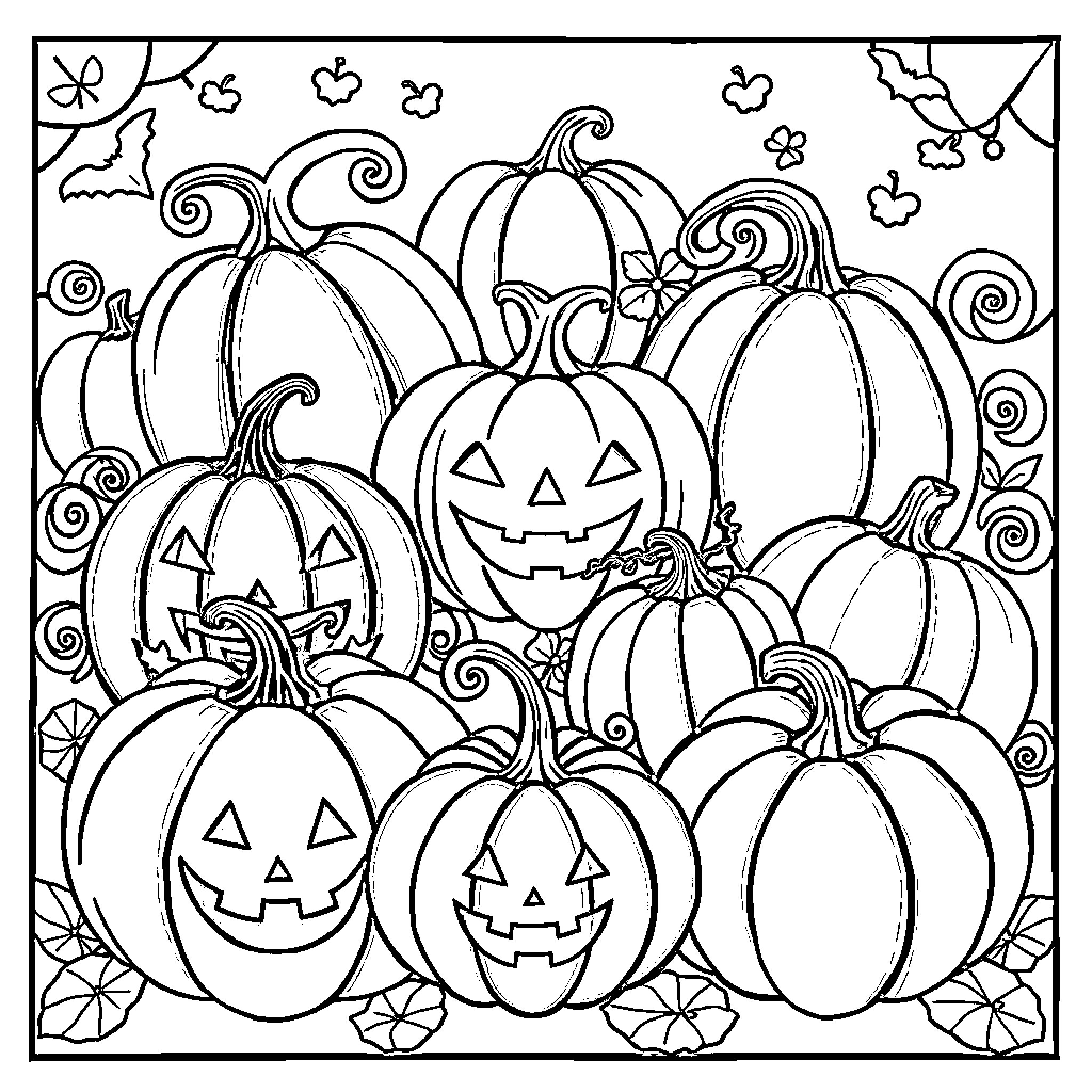 Pumpkins with Playful Expressions and Swirling Designs Coloring Page (free black-and-white line drawing printable PDF for all, from beginners to advanced learners, including children, teens, adults, and seniors)