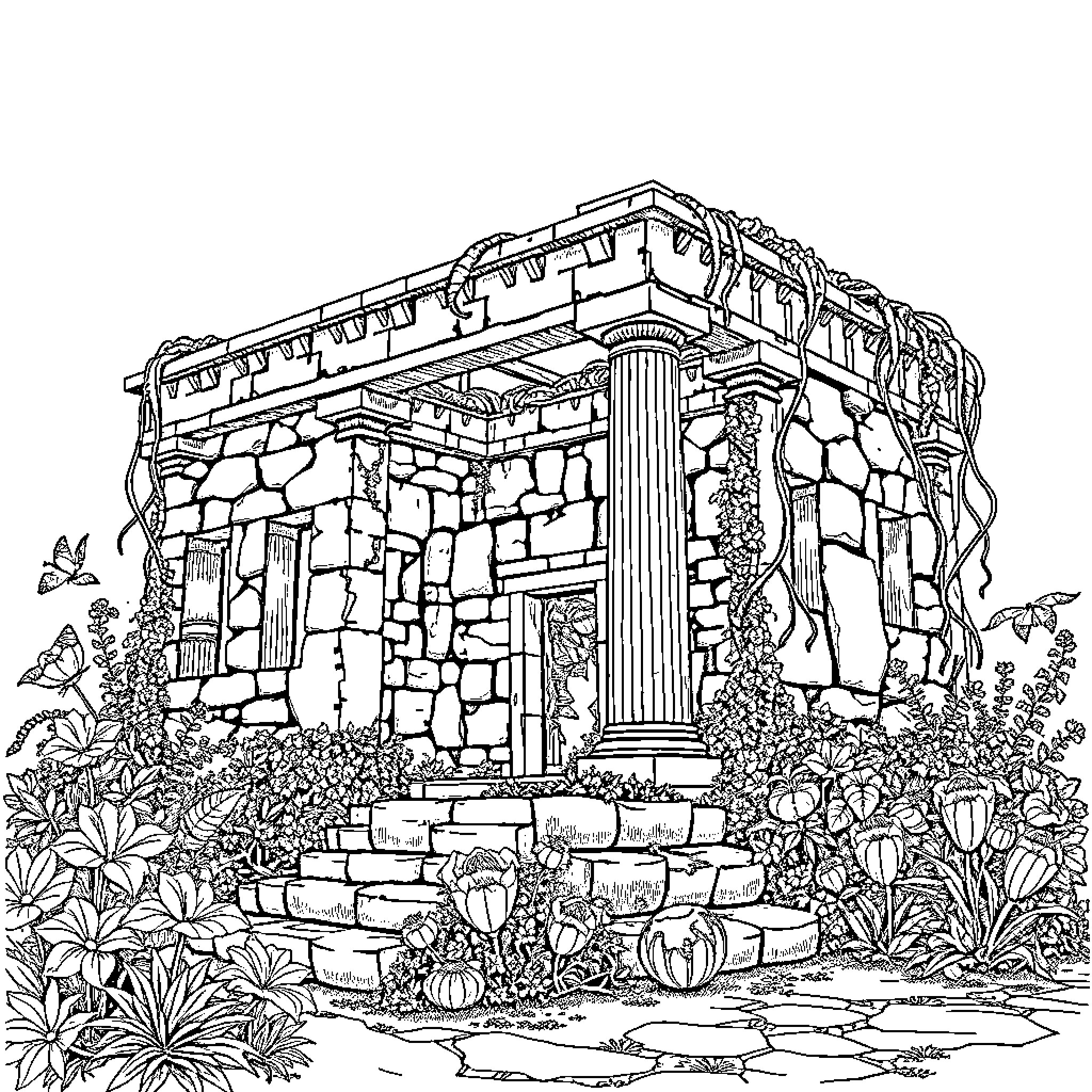 Temple amidst ornate architecture and lush flora Coloring Page (free black-and-white line drawing printable PDF for all, from beginners to advanced learners, including children, teens, adults, and seniors)