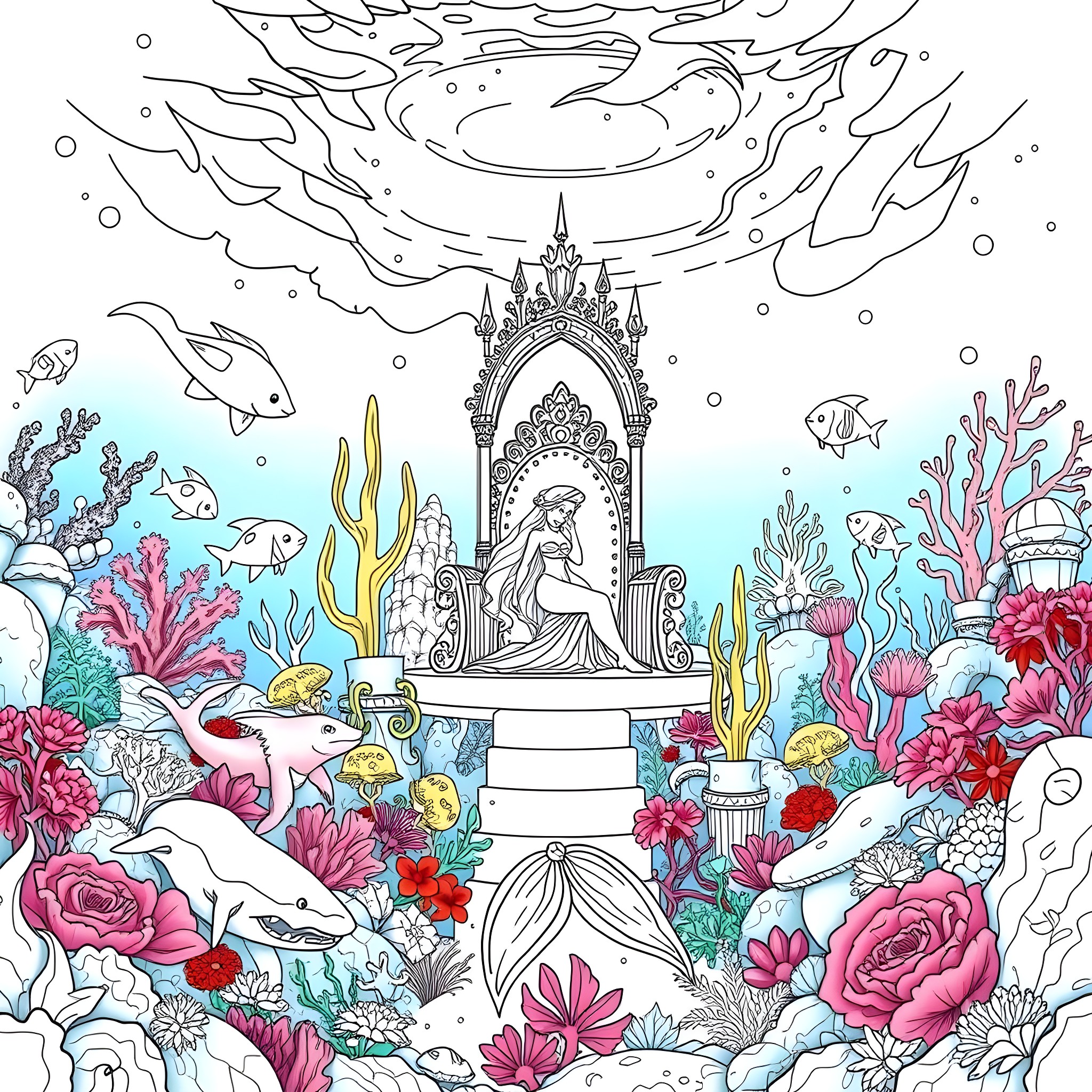 Mermaid sitting on a throne in an underwater garden Coloring Page (free black-and-white line drawing printable PDF for all, from beginners to advanced learners, including children, teens, adults, and seniors)