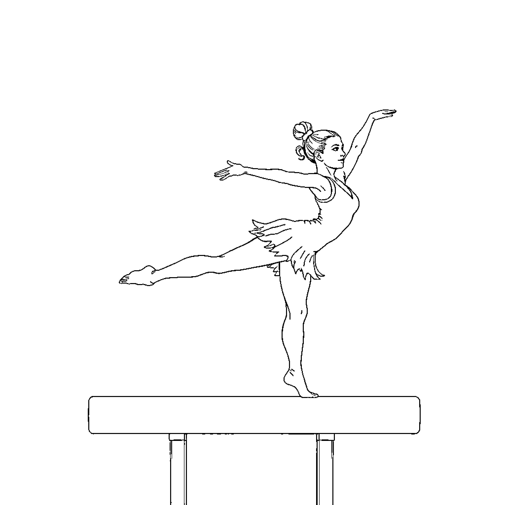 Gymnast performing graceful balance routine Coloring Page (free black-and-white line drawing printable PDF for all, from beginners to advanced learners, including children, teens, adults, and seniors)