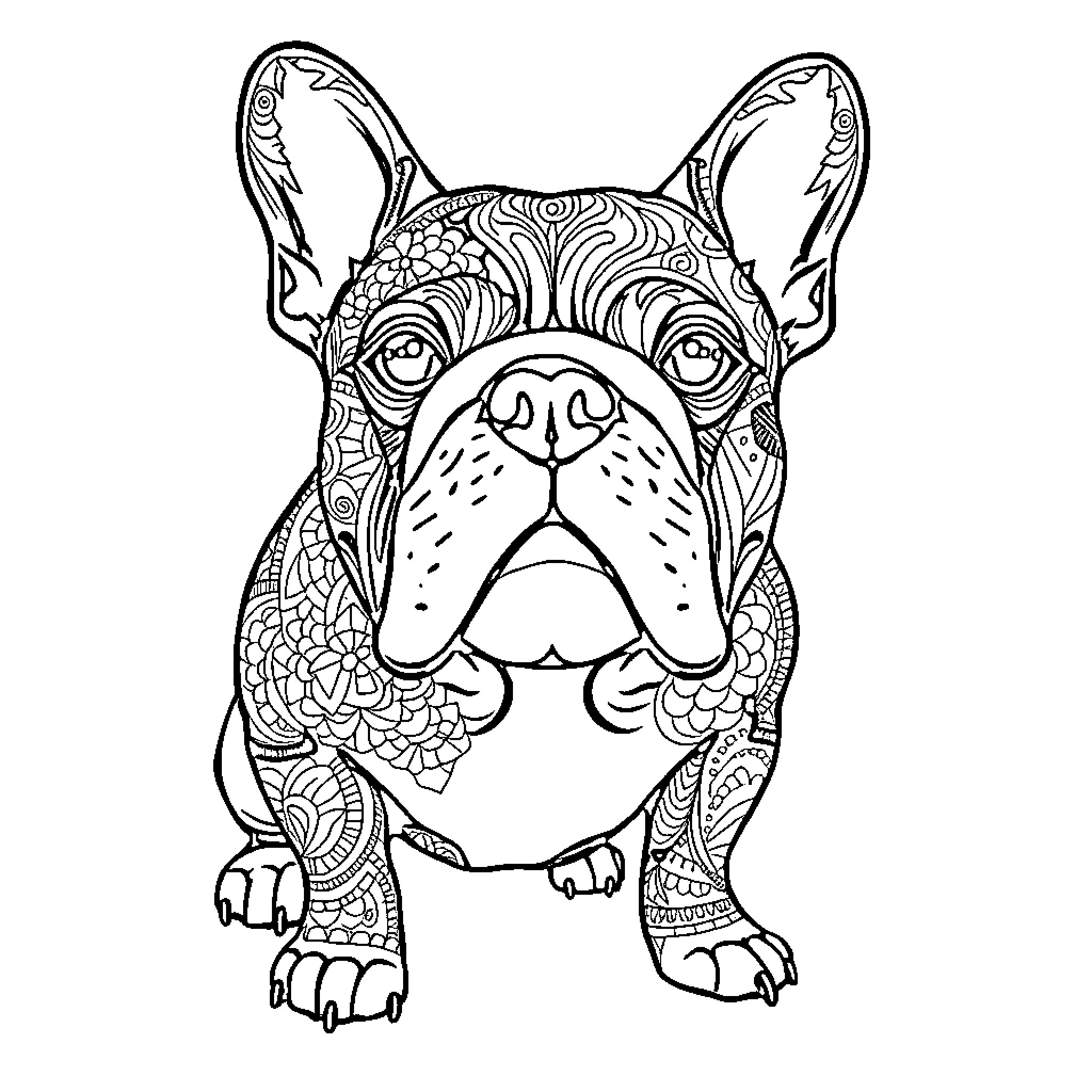 Bulldog with intricate patterned fur Coloring Page (free black-and-white line drawing printable PDF for all, from beginners to advanced learners, including children, teens, adults, and seniors)