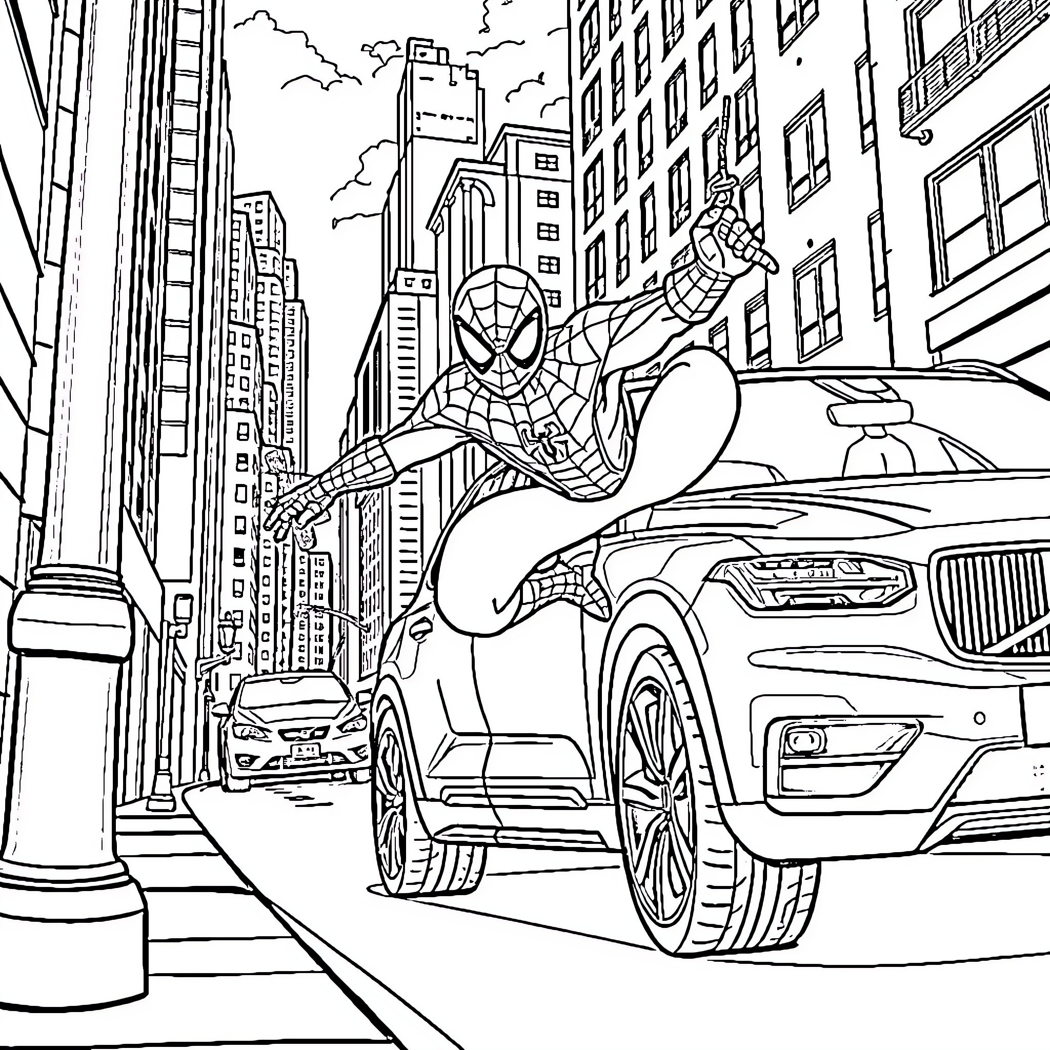 Spiderman Swinging Through the Cityscape Coloring Page (free black-and-white line drawing printable PDF for all, from beginners to advanced learners, including children, teens, adults, and seniors)