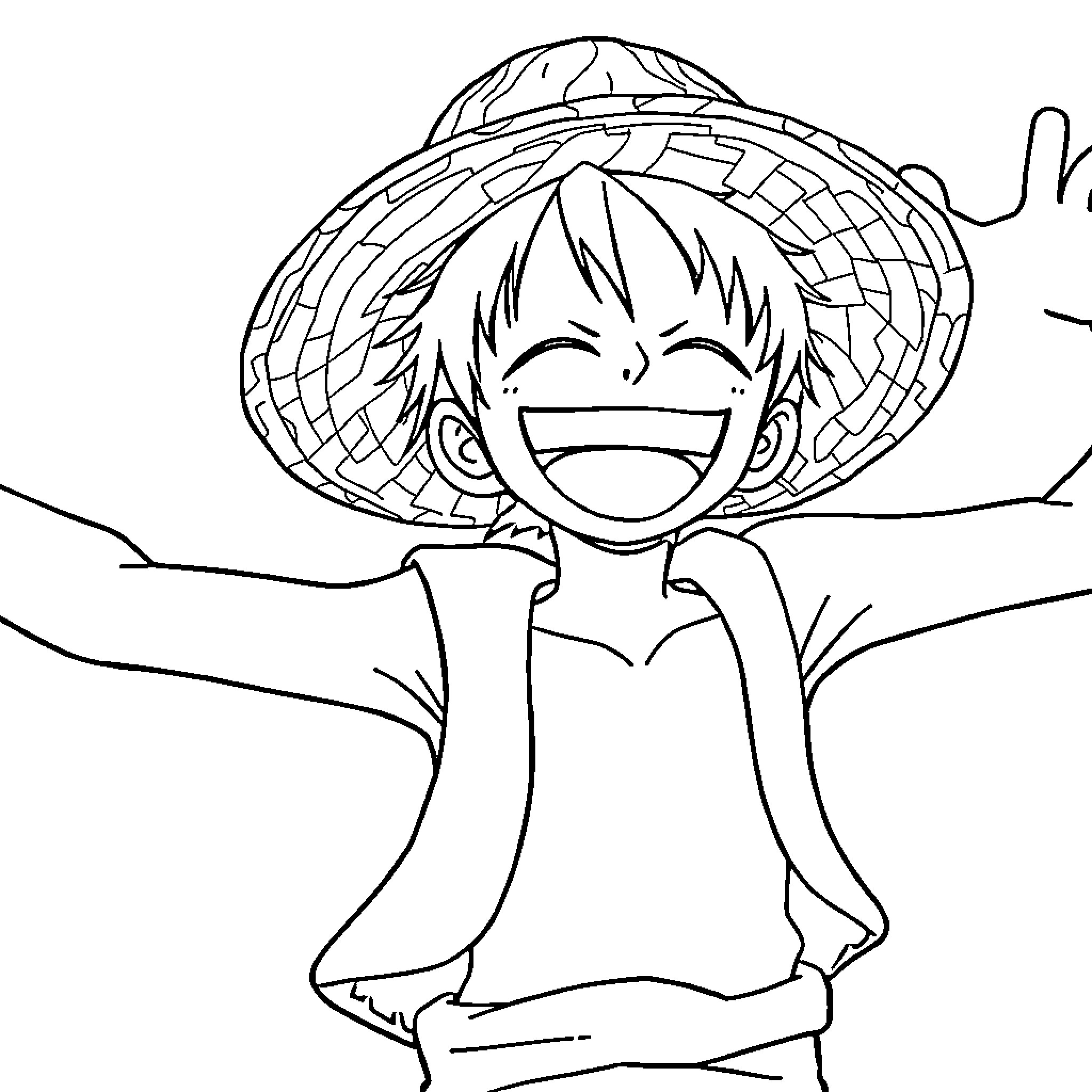Luffy enjoying the outdoors with a big smile Coloring Page (free black-and-white line drawing printable PDF for all, from beginners to advanced learners, including children, teens, adults, and seniors)