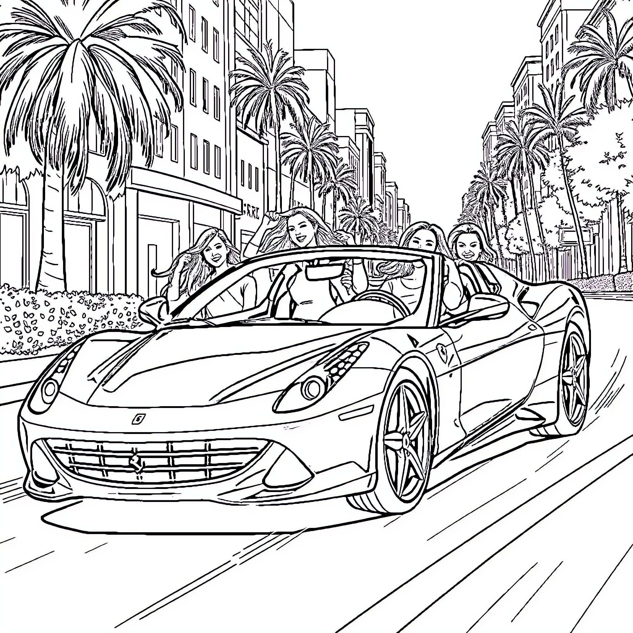 Ferrari Cruising Past Palm Trees and Buildings Coloring Page (free black-and-white line drawing printable PDF for all, from beginners to advanced learners, including children, teens, adults, and seniors)