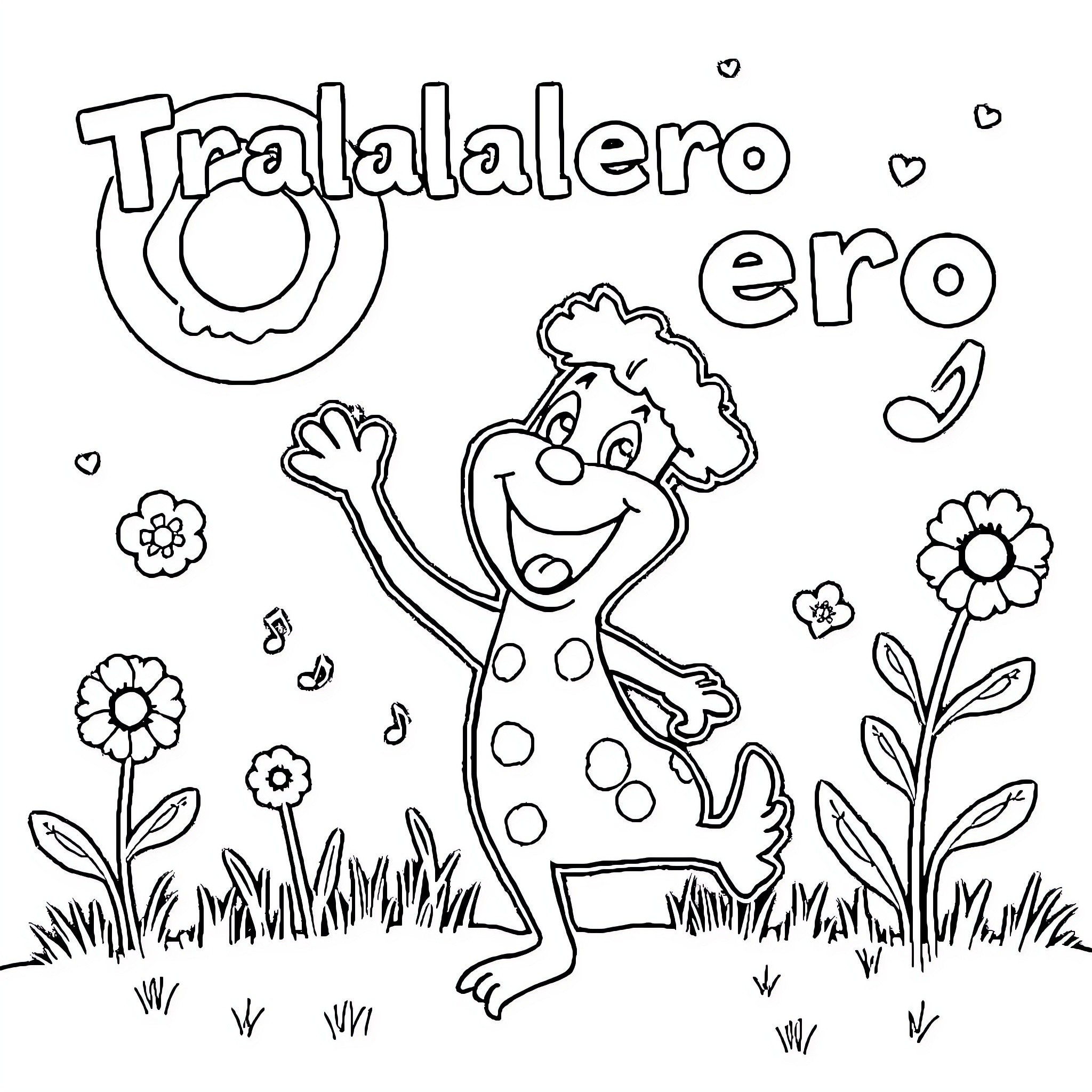 Tralalero Cheerful Clown Dances with Flowers Coloring Page (free black-and-white line drawing printable PDF for all, from beginners to advanced learners, including children, teens, adults, and seniors)
