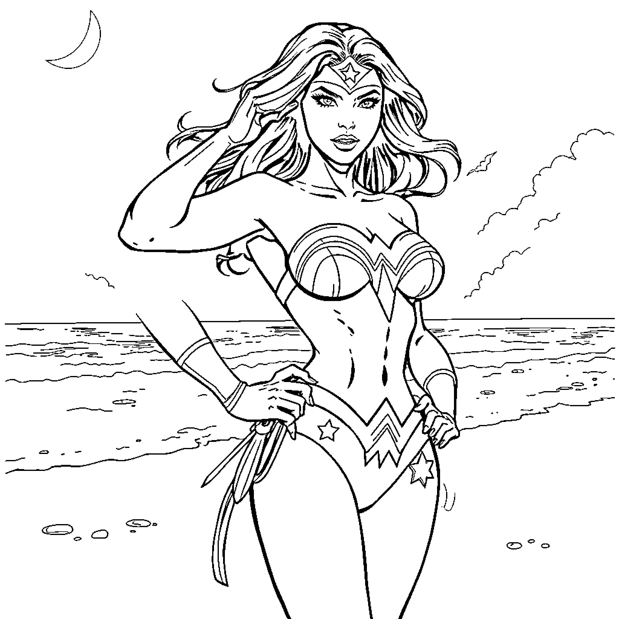 Wonder Woman heroically standing on the beach Coloring Page (free black-and-white line drawing printable PDF for all, from beginners to advanced learners, including children, teens, adults, and seniors)