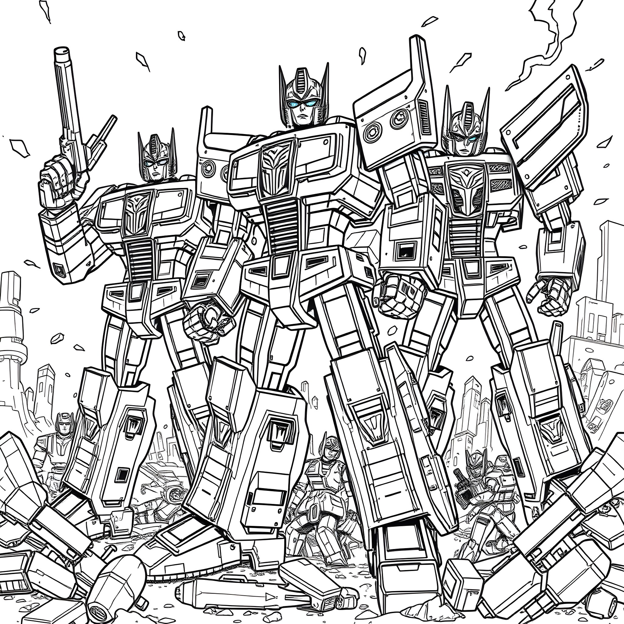 Transformer robots leading an epic battle Coloring Page (free black-and-white line drawing printable PDF for all, from beginners to advanced learners, including children, teens, adults, and seniors)