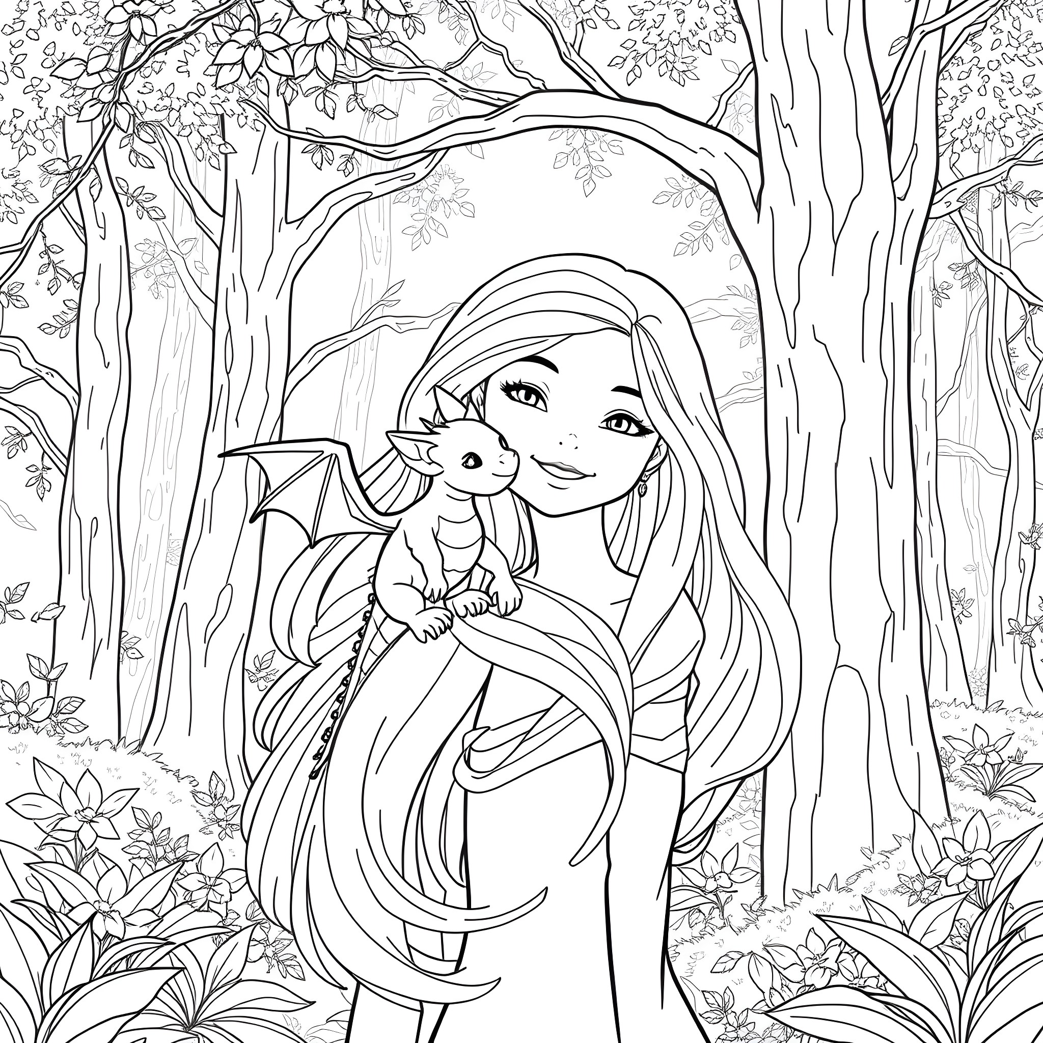 Girl with a dragon in a magical forest Coloring Page (free black-and-white line drawing printable PDF for all, from beginners to advanced learners, including children, teens, adults, and seniors)