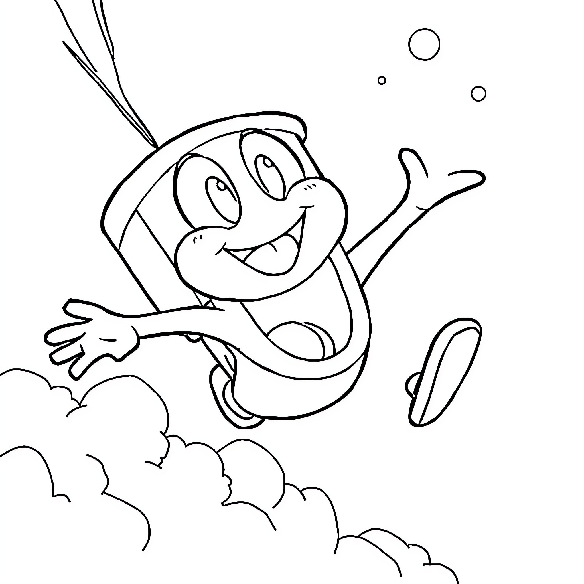 Skibidi Toilet Cartoon Character Jumping in Clouds Coloring Page (free black-and-white line drawing printable PDF for all, from beginners to advanced learners, including children, teens, adults, and seniors)