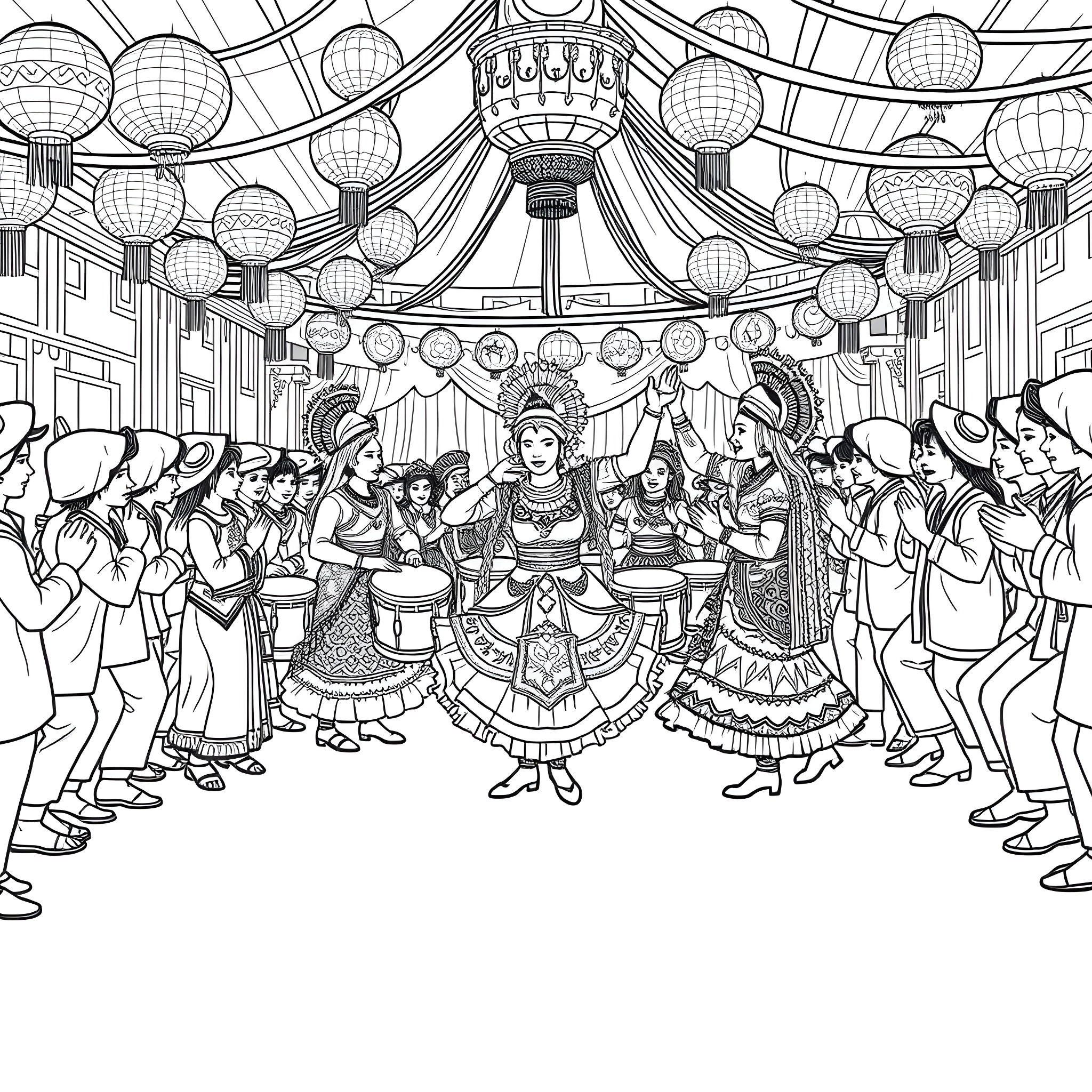 Sahuar Festival Celebrations with Traditional Dancers and Decorations Coloring Page (free black-and-white line drawing printable PDF for all, from beginners to advanced learners, including children, teens, adults, and seniors)