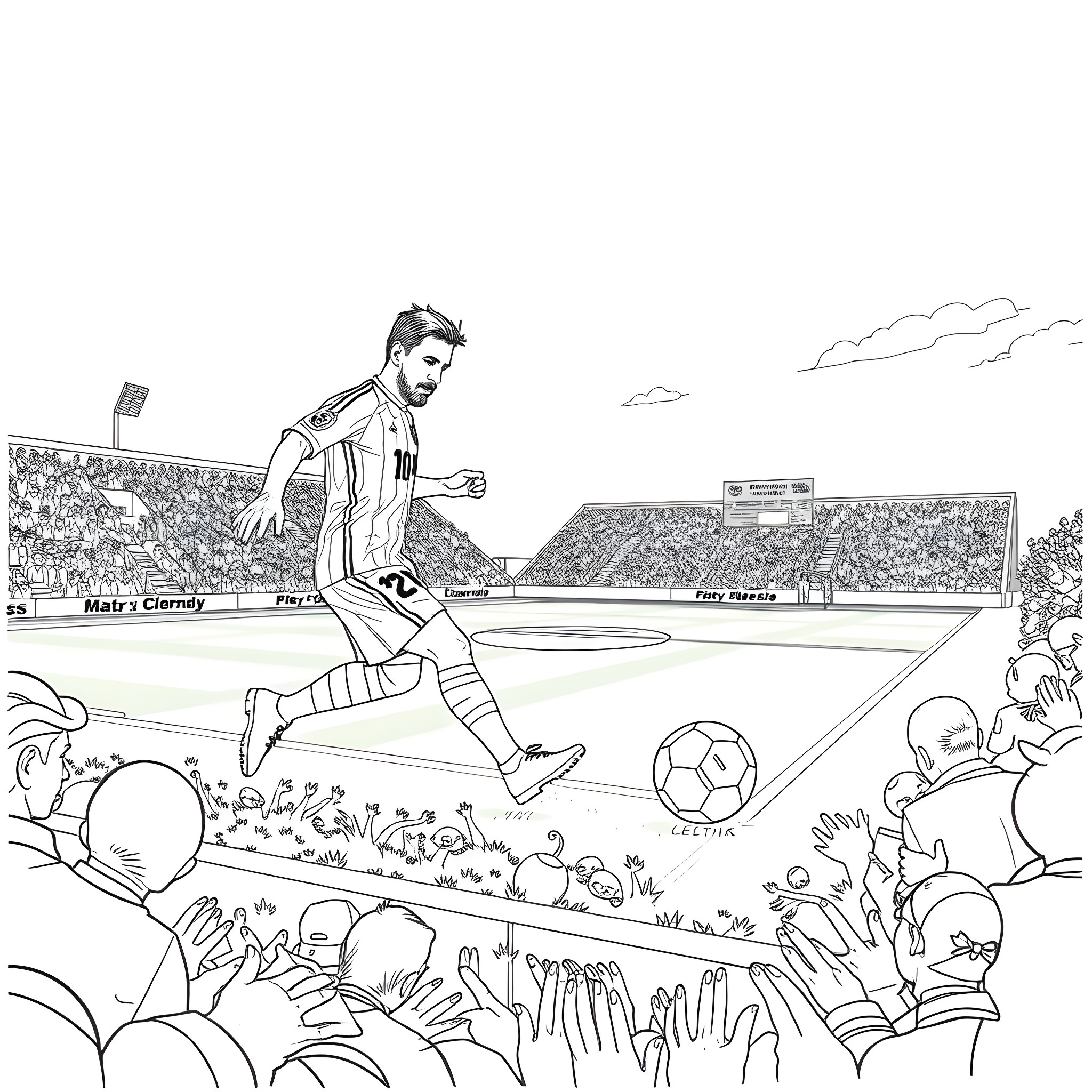 Messi's Electrifying Football Match Performance Coloring Page (free black-and-white line drawing printable PDF for all, from beginners to advanced learners, including children, teens, adults, and seniors)