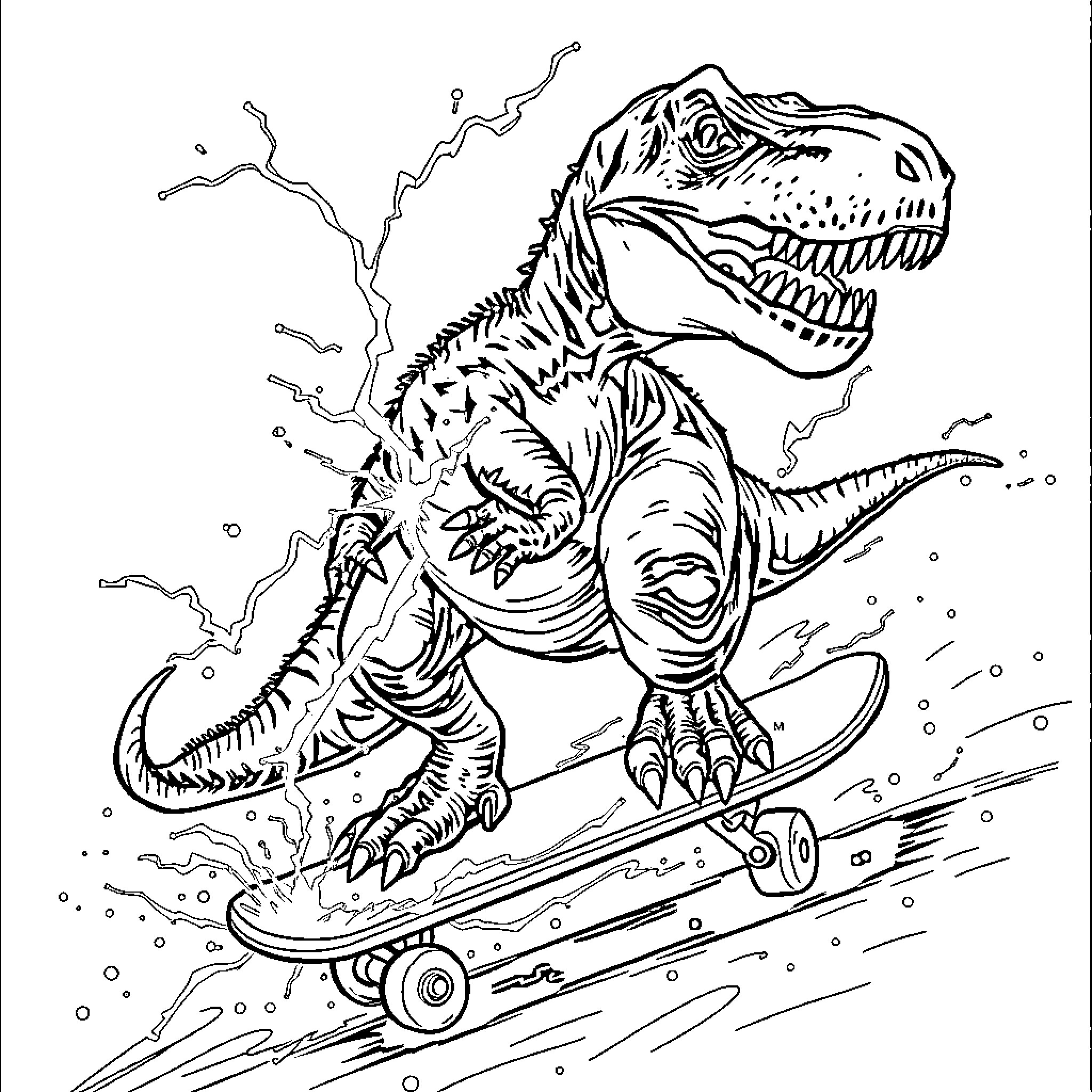 T-Rex Skateboarding Through the Ruins Coloring Page (free black-and-white line drawing printable PDF for all, from beginners to advanced learners, including children, teens, adults, and seniors)