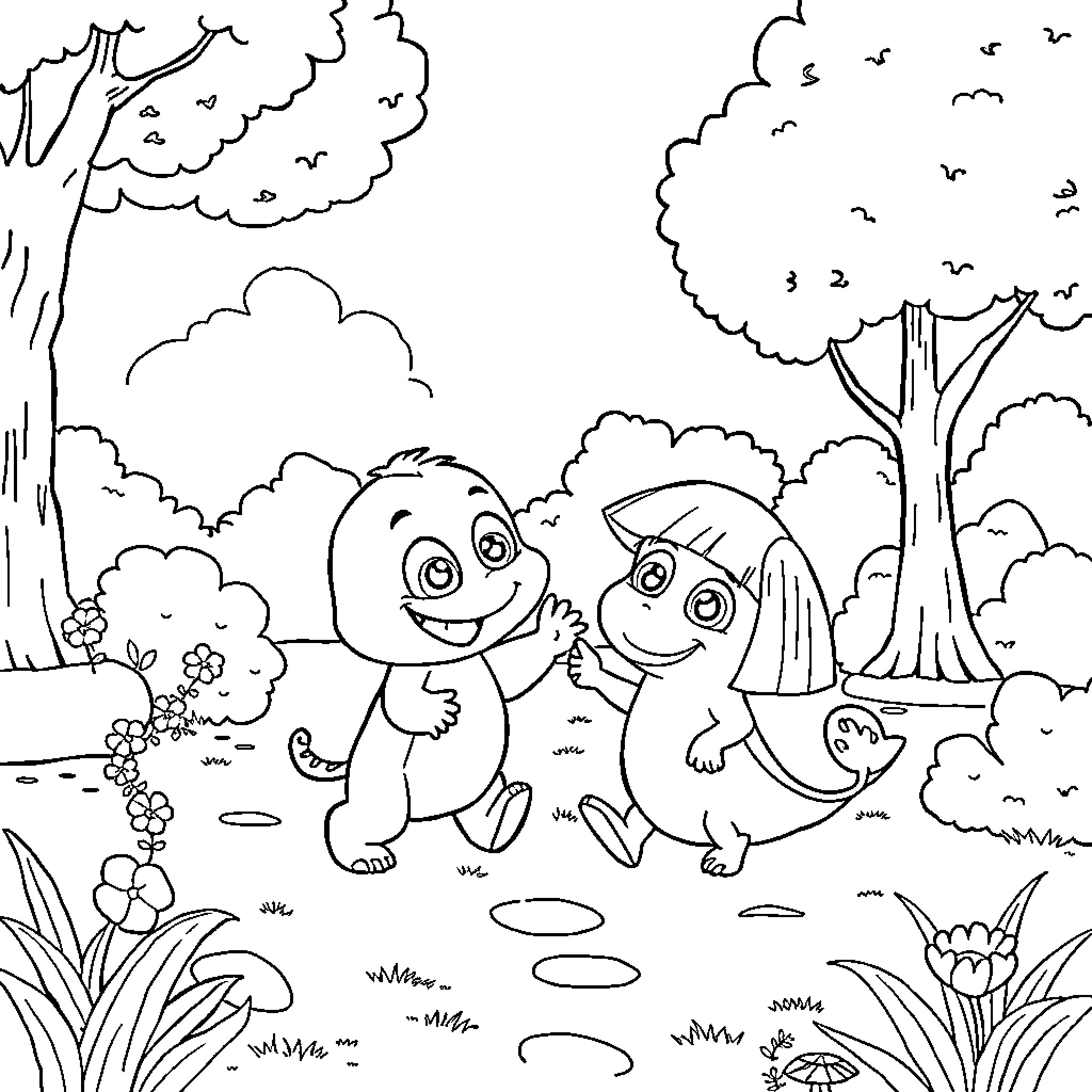 Bluey and friend exploring the outdoors Coloring Page (free black-and-white line drawing printable PDF for all, from beginners to advanced learners, including children, teens, adults, and seniors)