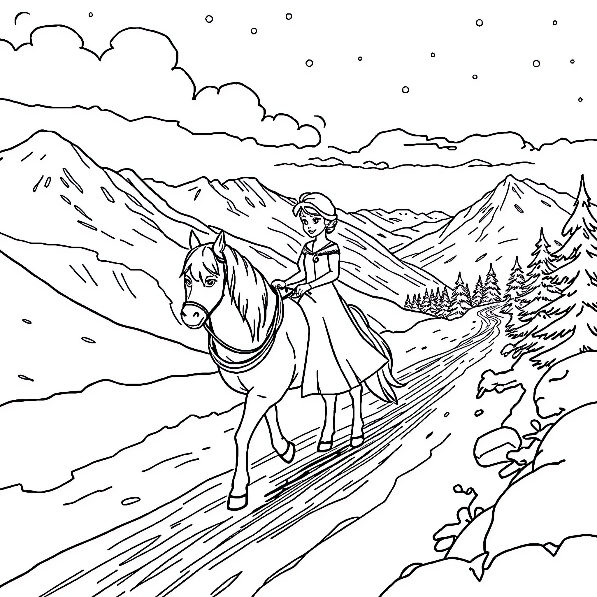Elsa's Winter Adventure on Horseback Coloring Page (free black-and-white line drawing printable PDF for all, from beginners to advanced learners, including children, teens, adults, and seniors)