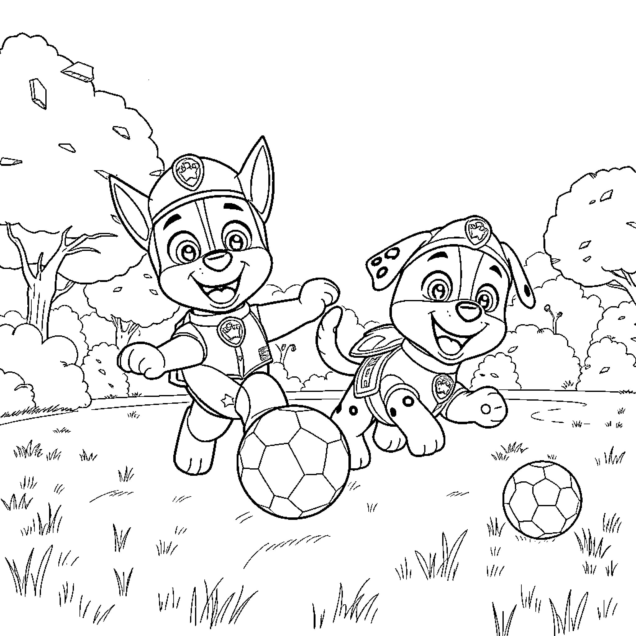 Paw Patrol characters playing soccer in the park Coloring Page (free black-and-white line drawing printable PDF for all, from beginners to advanced learners, including children, teens, adults, and seniors)