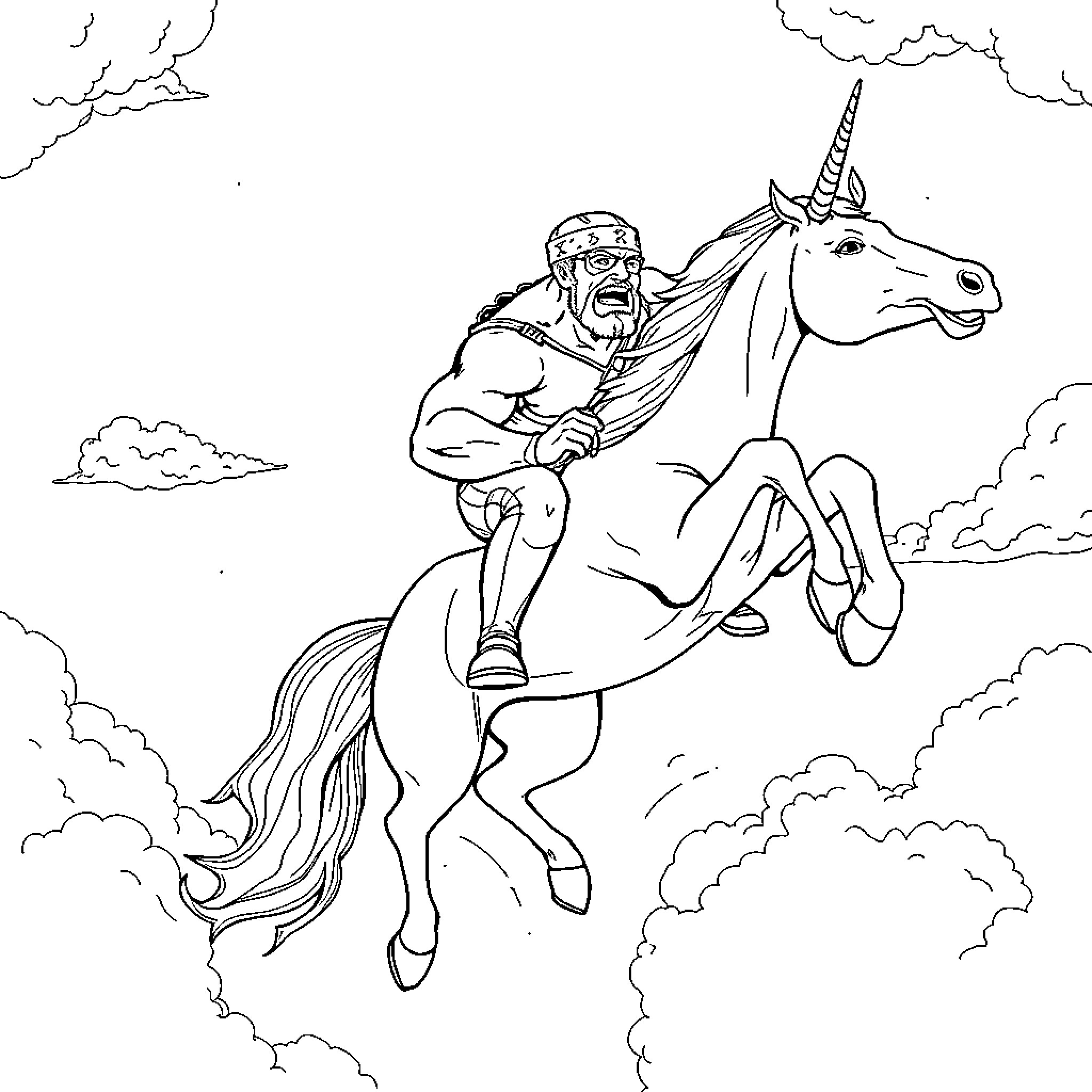 Hulk Hogan rides a unicorn in the sky Coloring Page (free black-and-white line drawing printable PDF for all, from beginners to advanced learners, including children, teens, adults, and seniors)