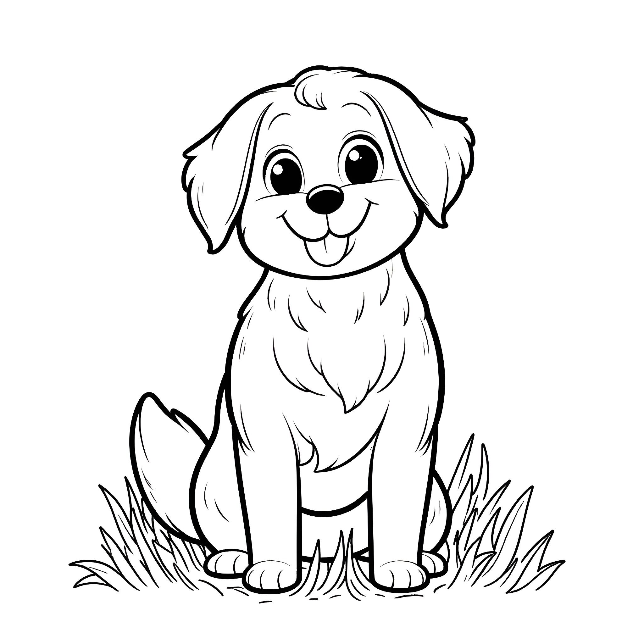 Dog sitting happily in the grass Coloring Page (free black-and-white line drawing printable PDF for all, from beginners to advanced learners, including children, teens, adults, and seniors)