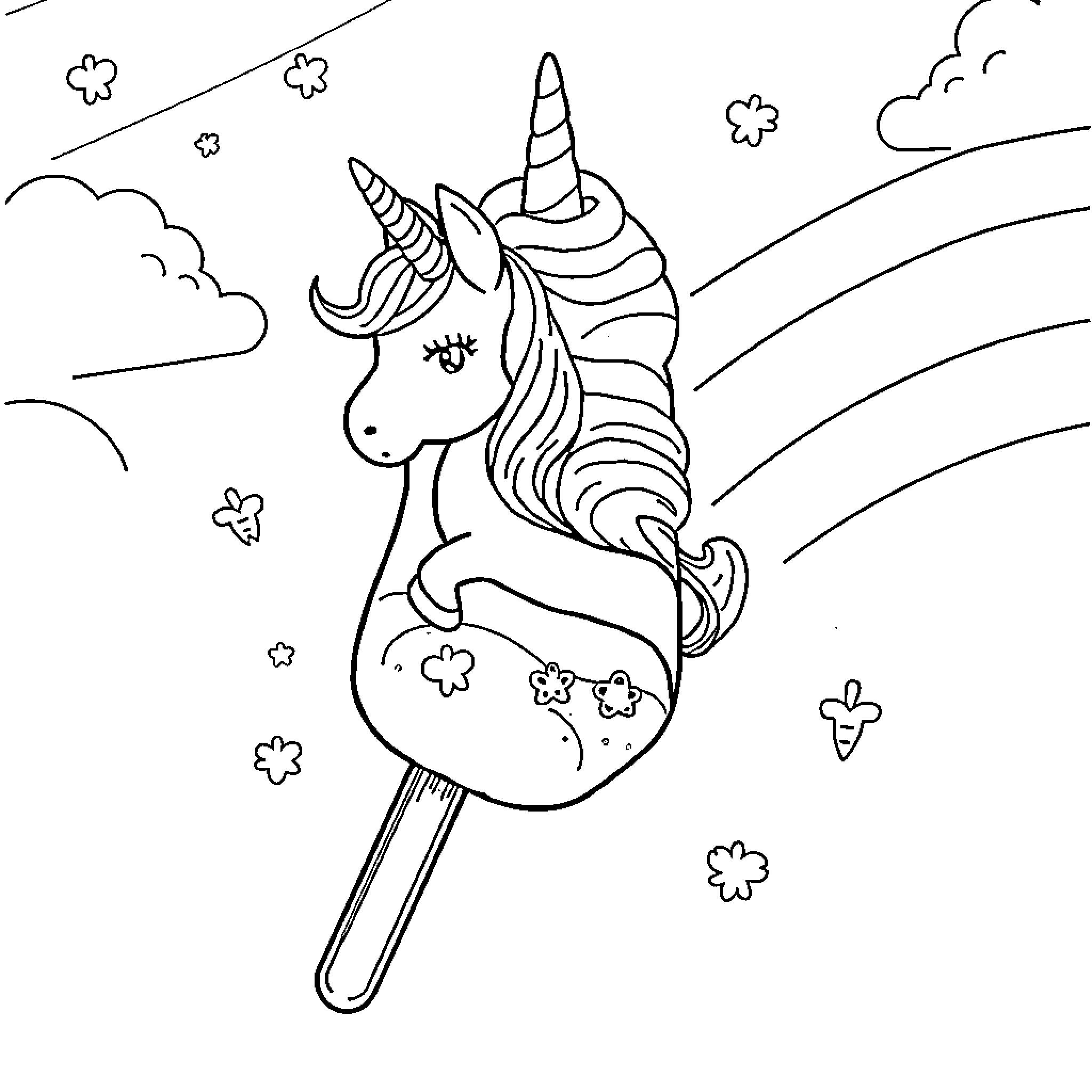 Popsicle Unicorn Frolicking in Whimsical Landscape Coloring Page (free black-and-white line drawing printable PDF for all, from beginners to advanced learners, including children, teens, adults, and seniors)