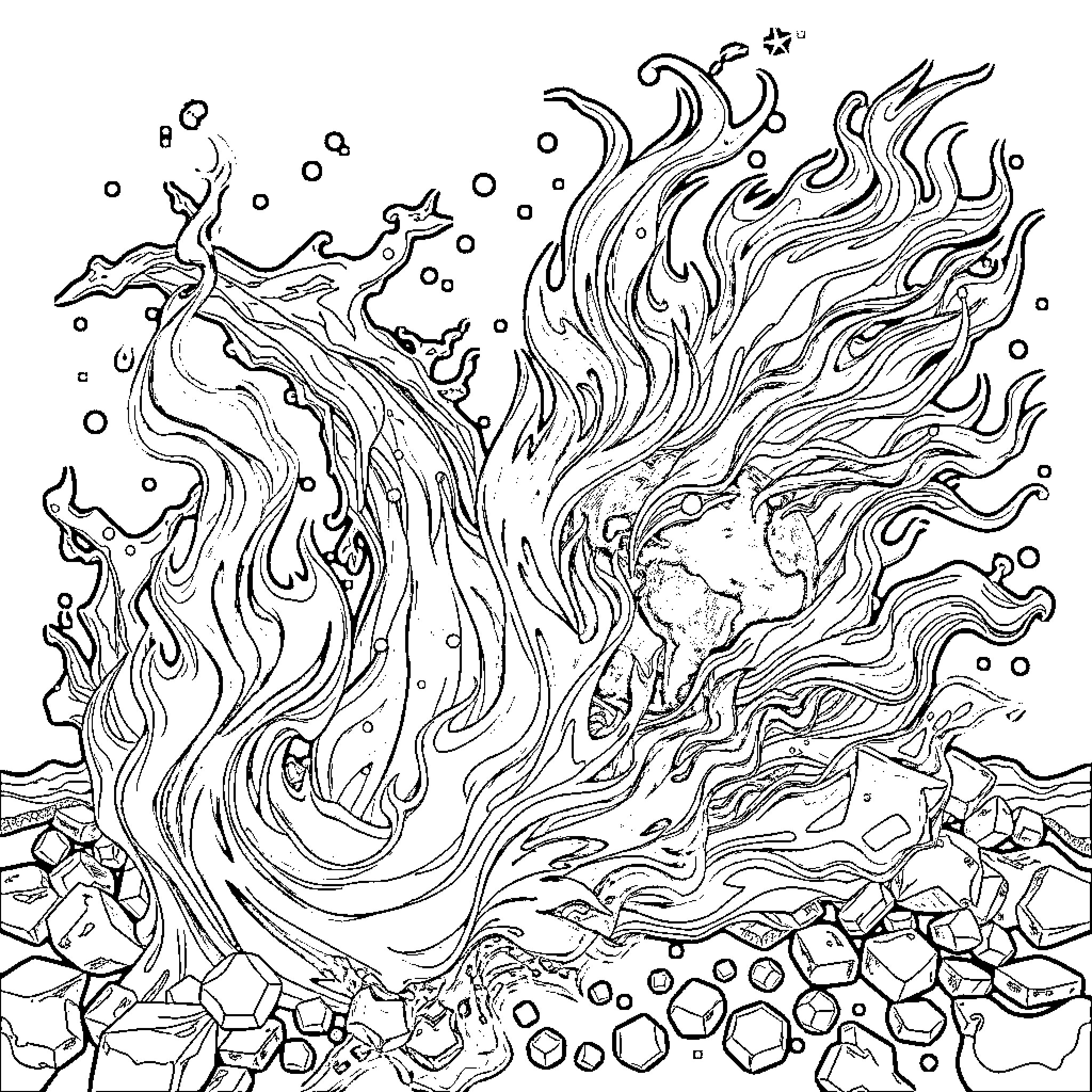 Element of Fiery Ethereal Essence Coloring Page (free black-and-white line drawing printable PDF for all, from beginners to advanced learners, including children, teens, adults, and seniors)