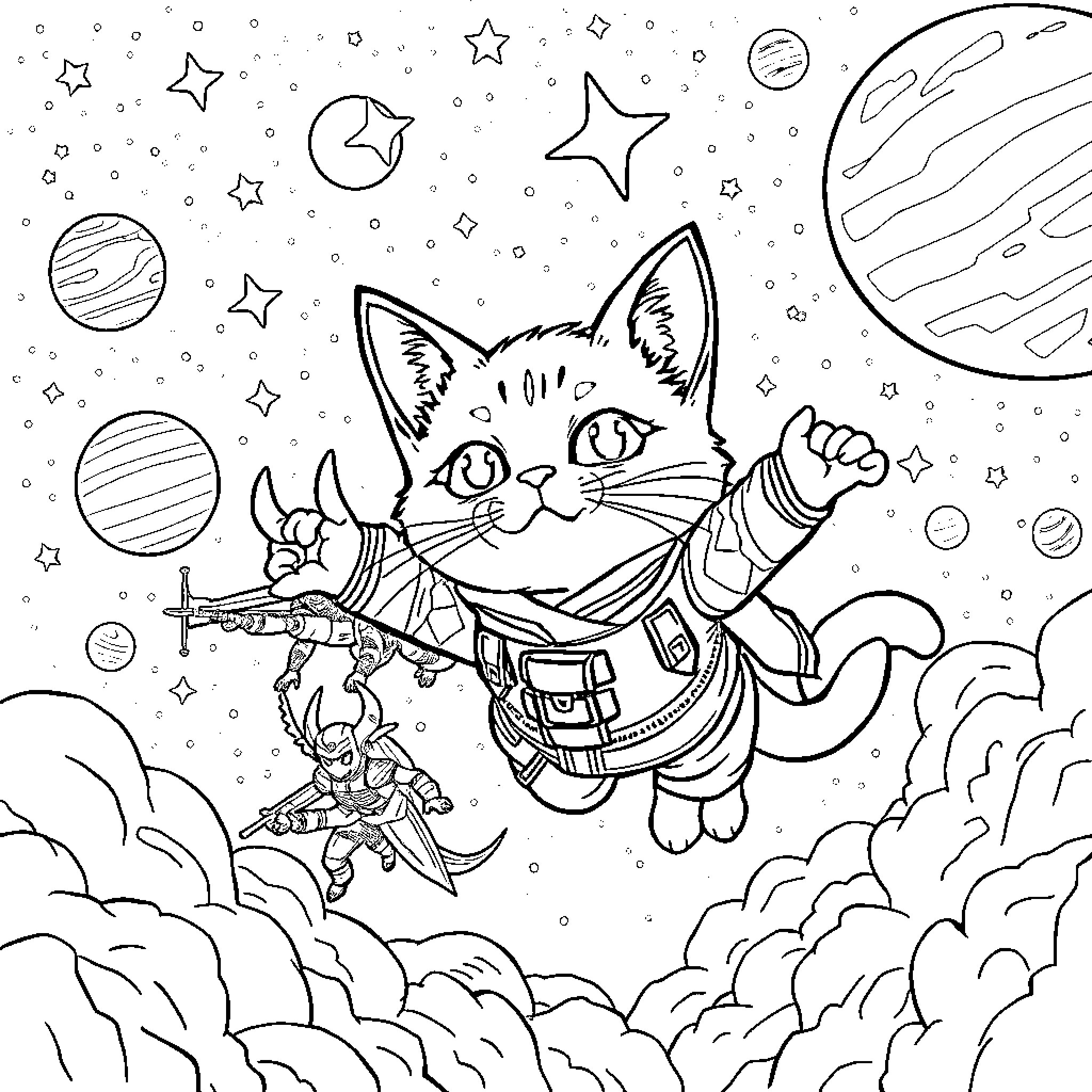 Cat in space adventure with rocket launcher Coloring Page (free black-and-white line drawing printable PDF for all, from beginners to advanced learners, including children, teens, adults, and seniors)