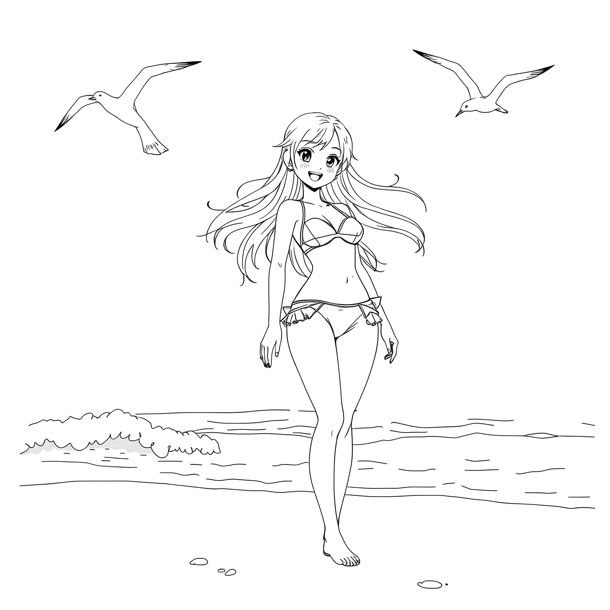 Anime Girl Enjoying the Beach Coloring Page (free black-and-white line drawing printable PDF for all, from beginners to advanced learners, including children, teens, adults, and seniors)