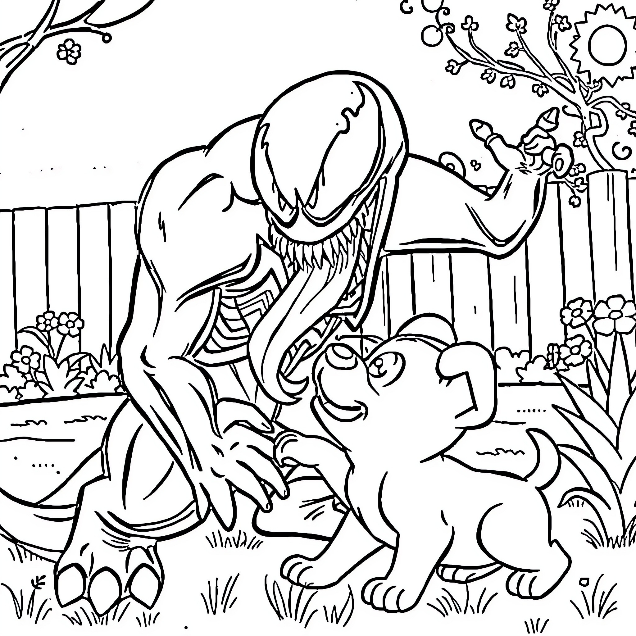 Venom confronting a small creature in a vibrant garden Coloring Page (free black-and-white line drawing printable PDF for all, from beginners to advanced learners, including children, teens, adults, and seniors)