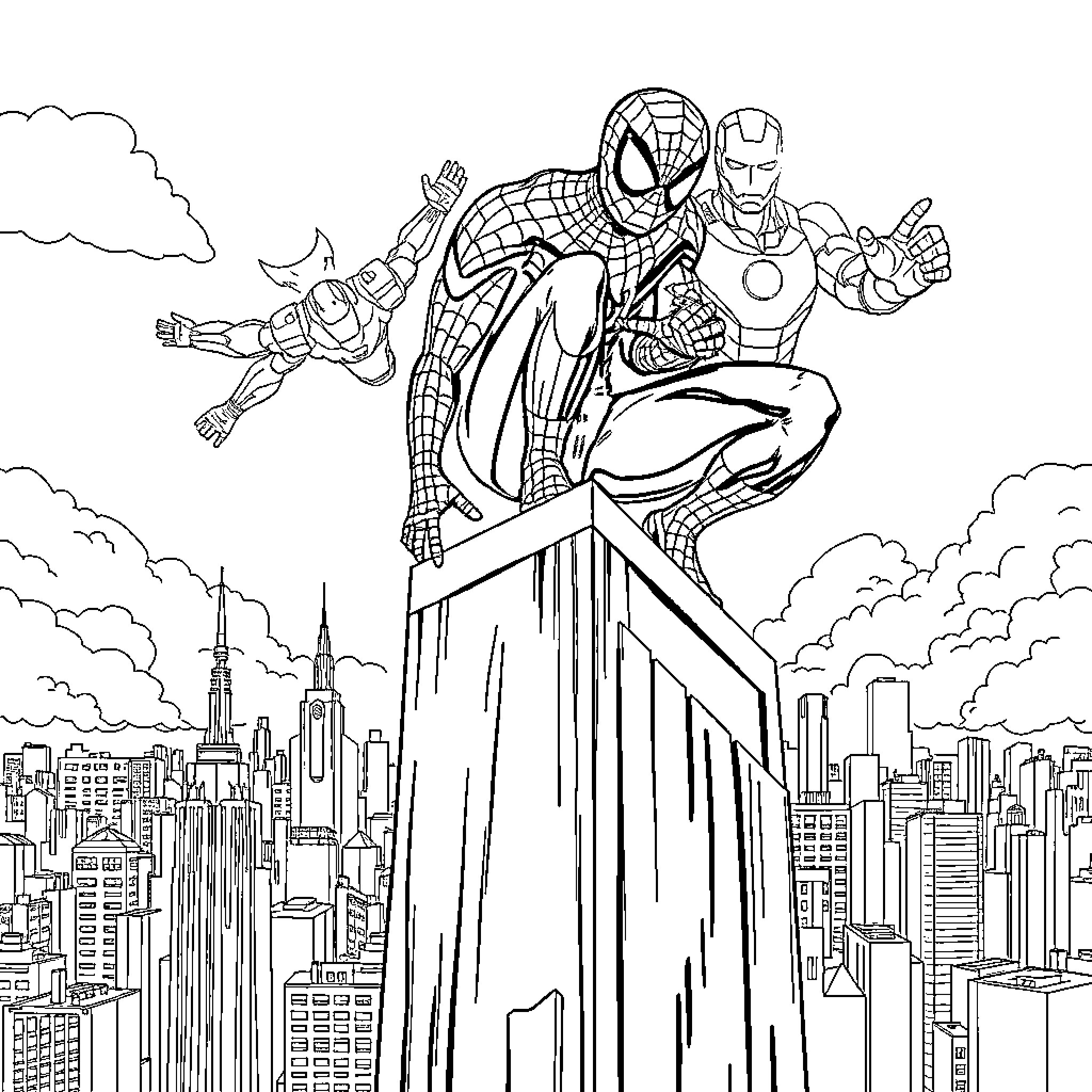 Spiderman and Iron Man soaring over a city skyline Coloring Page (free black-and-white line drawing printable PDF for all, from beginners to advanced learners, including children, teens, adults, and seniors)