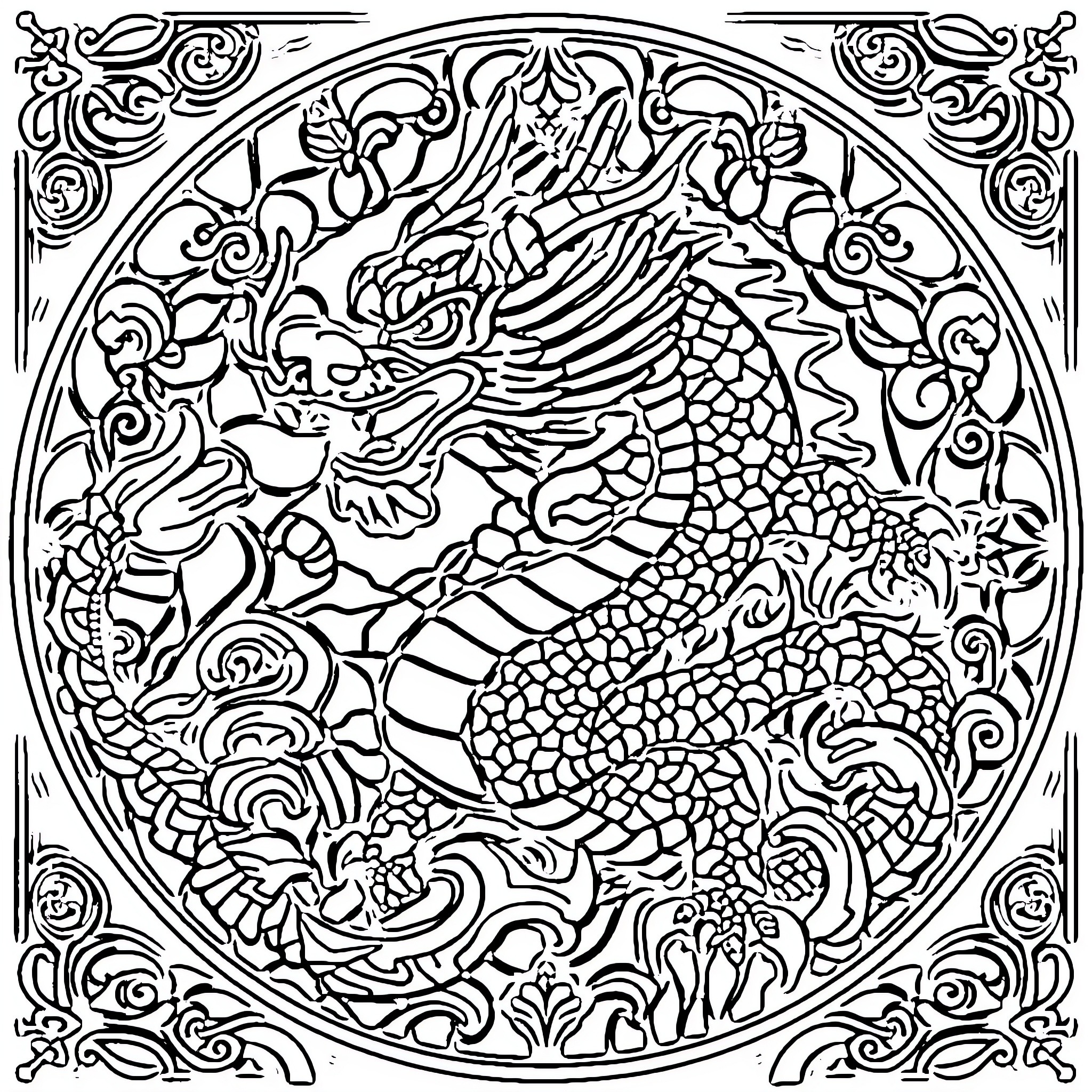 Dragon Showcasing Intricate Designs and Ethereal Movements Coloring Page (free black-and-white line drawing printable PDF for all, from beginners to advanced learners, including children, teens, adults, and seniors)