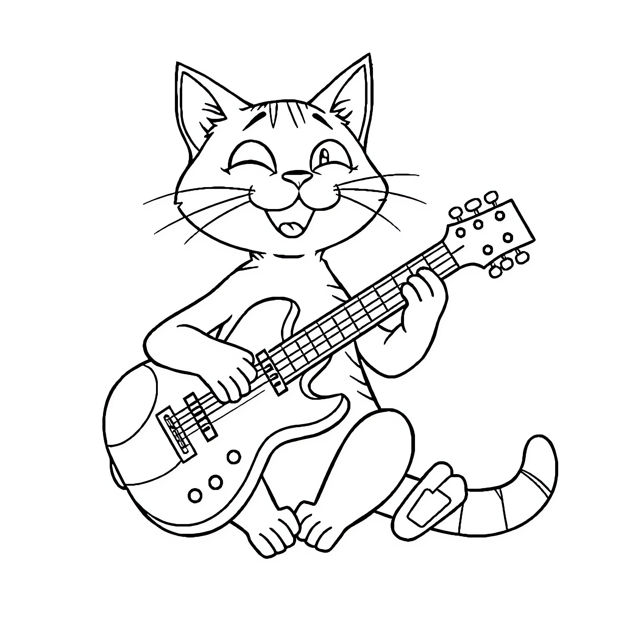 Pete the Cat playing guitar happily Coloring Page (free black-and-white line drawing printable PDF for all, from beginners to advanced learners, including children, teens, adults, and seniors)