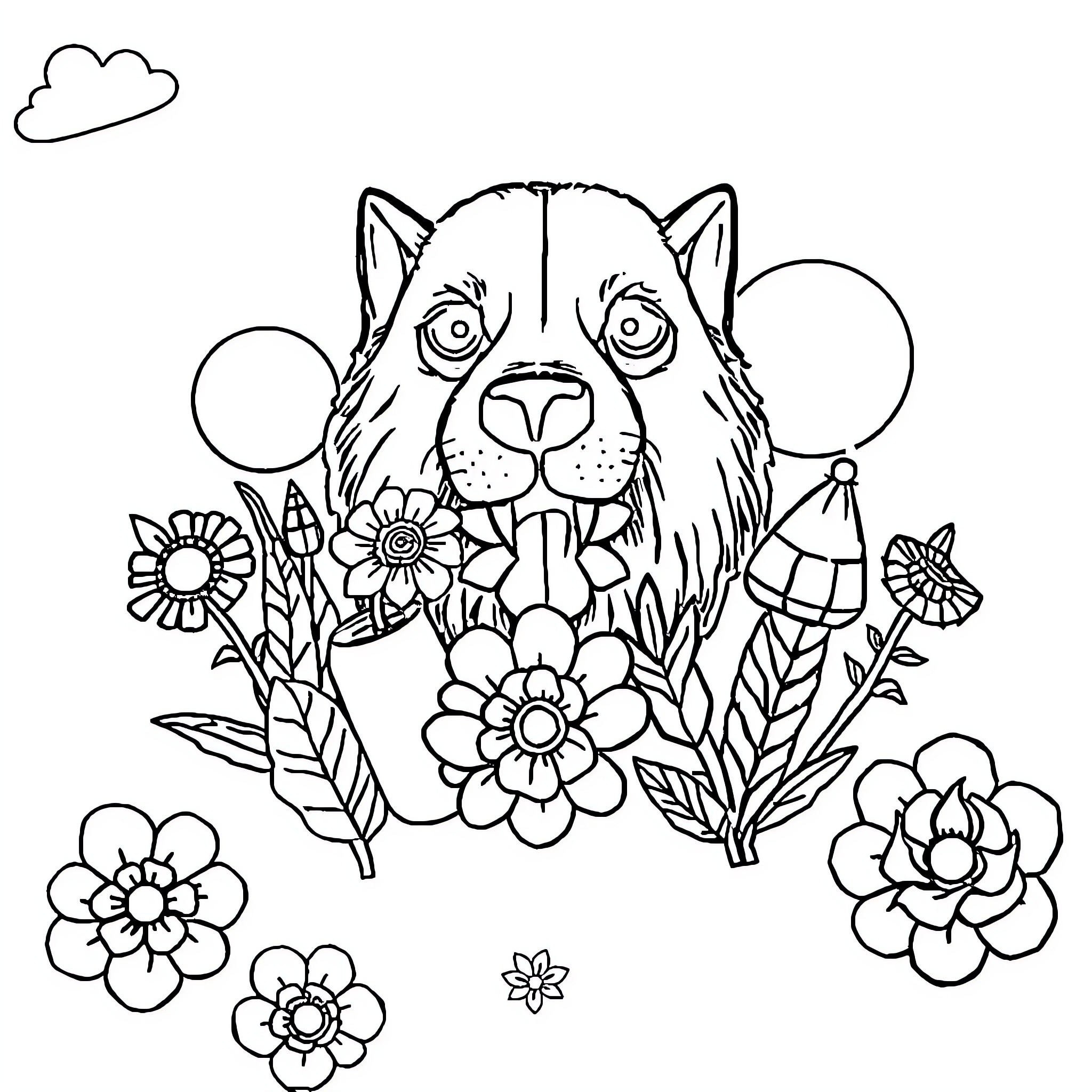 Sticker of a playful cat surrounded by flowers Coloring Page (free black-and-white line drawing printable PDF for all, from beginners to advanced learners, including children, teens, adults, and seniors)