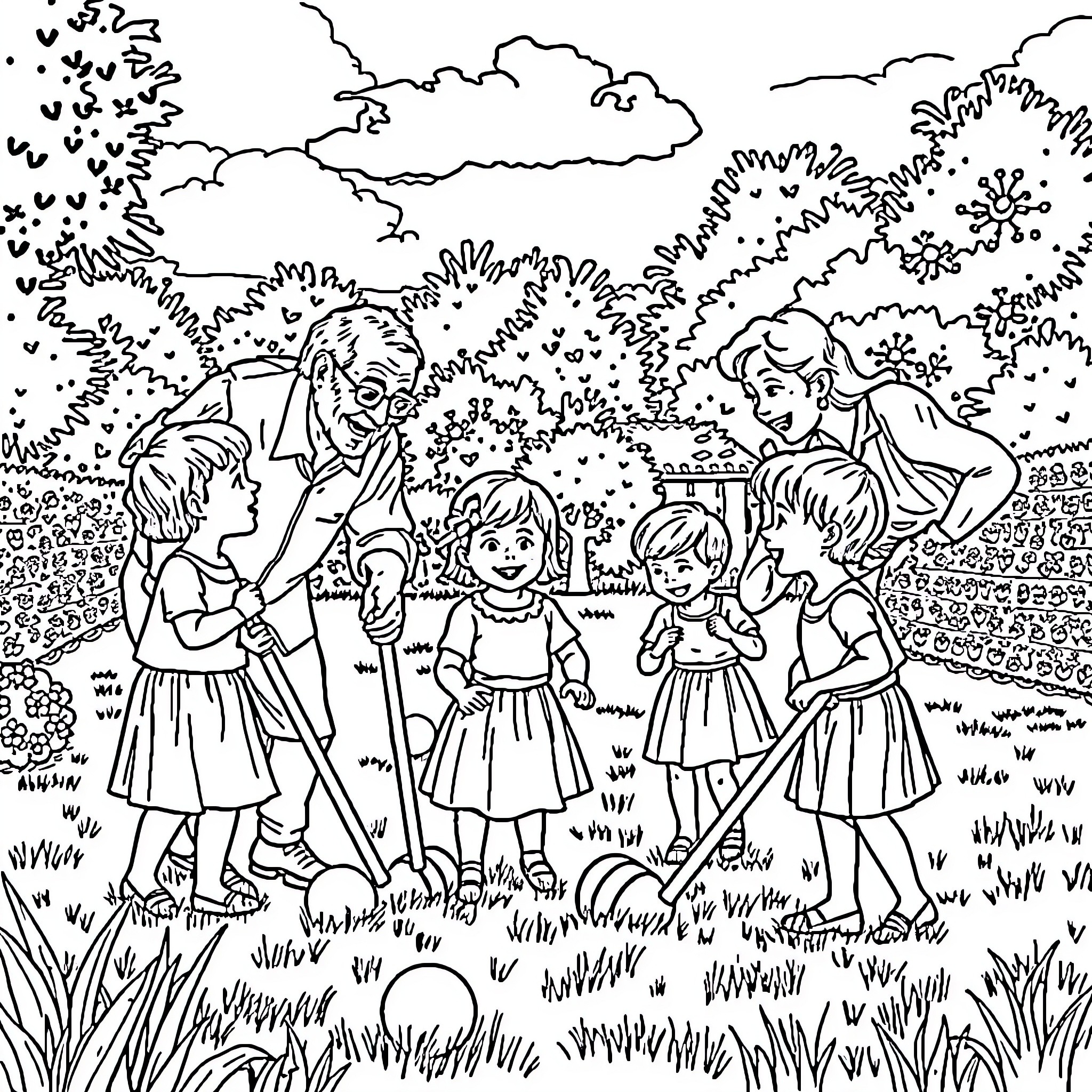 Person playing happily with children in the park Coloring Page (free black-and-white line drawing printable PDF for all, from beginners to advanced learners, including children, teens, adults, and seniors)