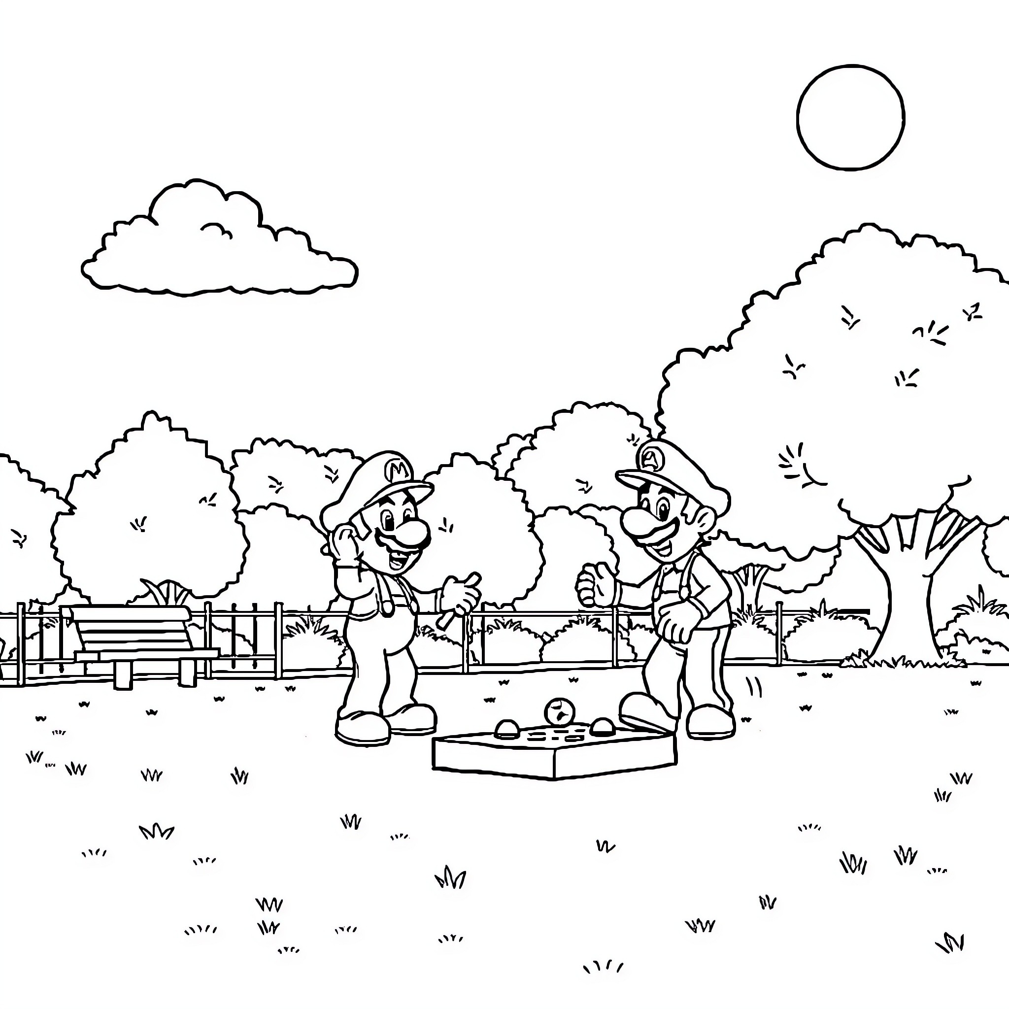 Vayana - Playful Plumbers in the Outdoor Scene Coloring Page (free black-and-white line drawing printable PDF for all, from beginners to advanced learners, including children, teens, adults, and seniors)