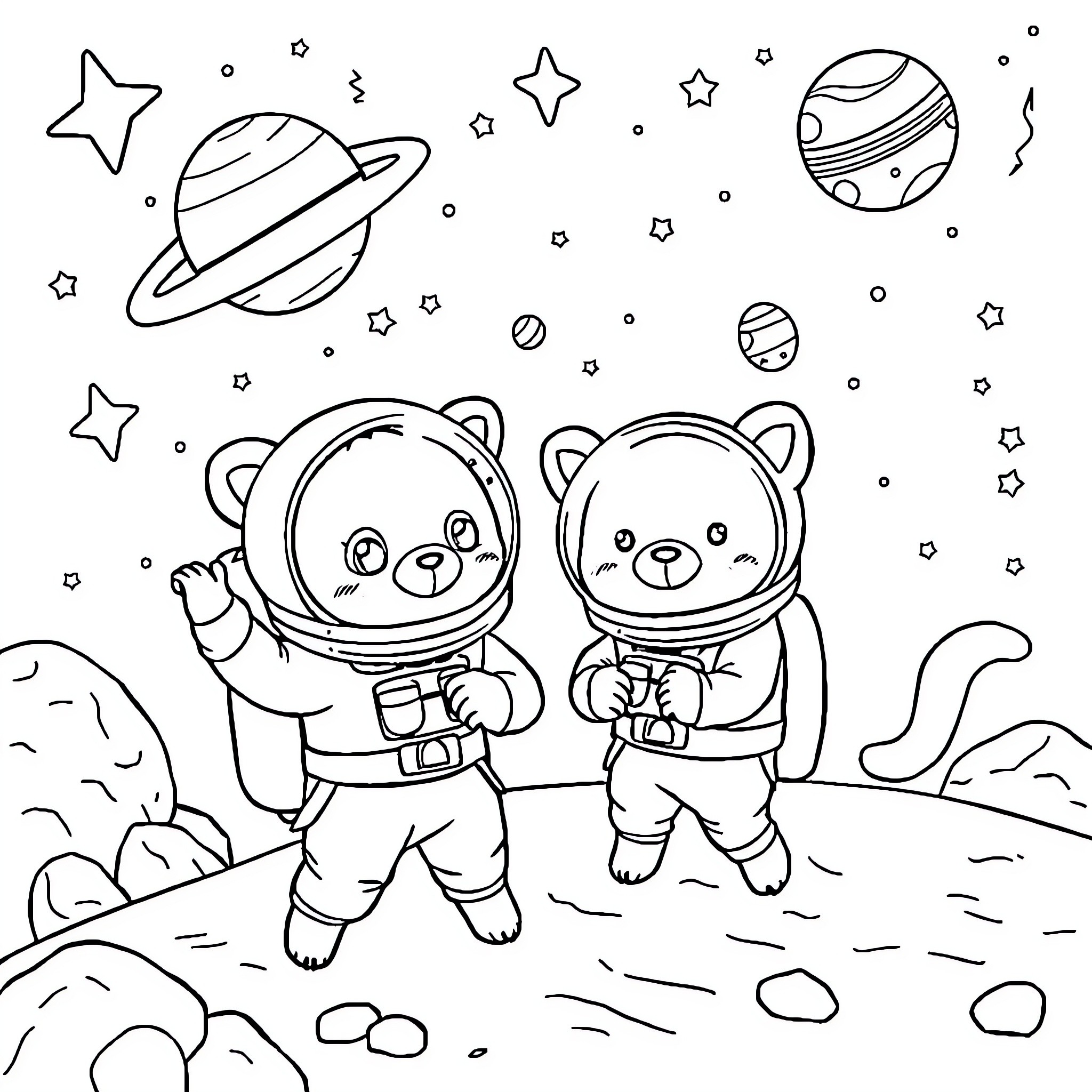 Animal astronauts exploring the space landscape Coloring Page (free black-and-white line drawing printable PDF for all, from beginners to advanced learners, including children, teens, adults, and seniors)
