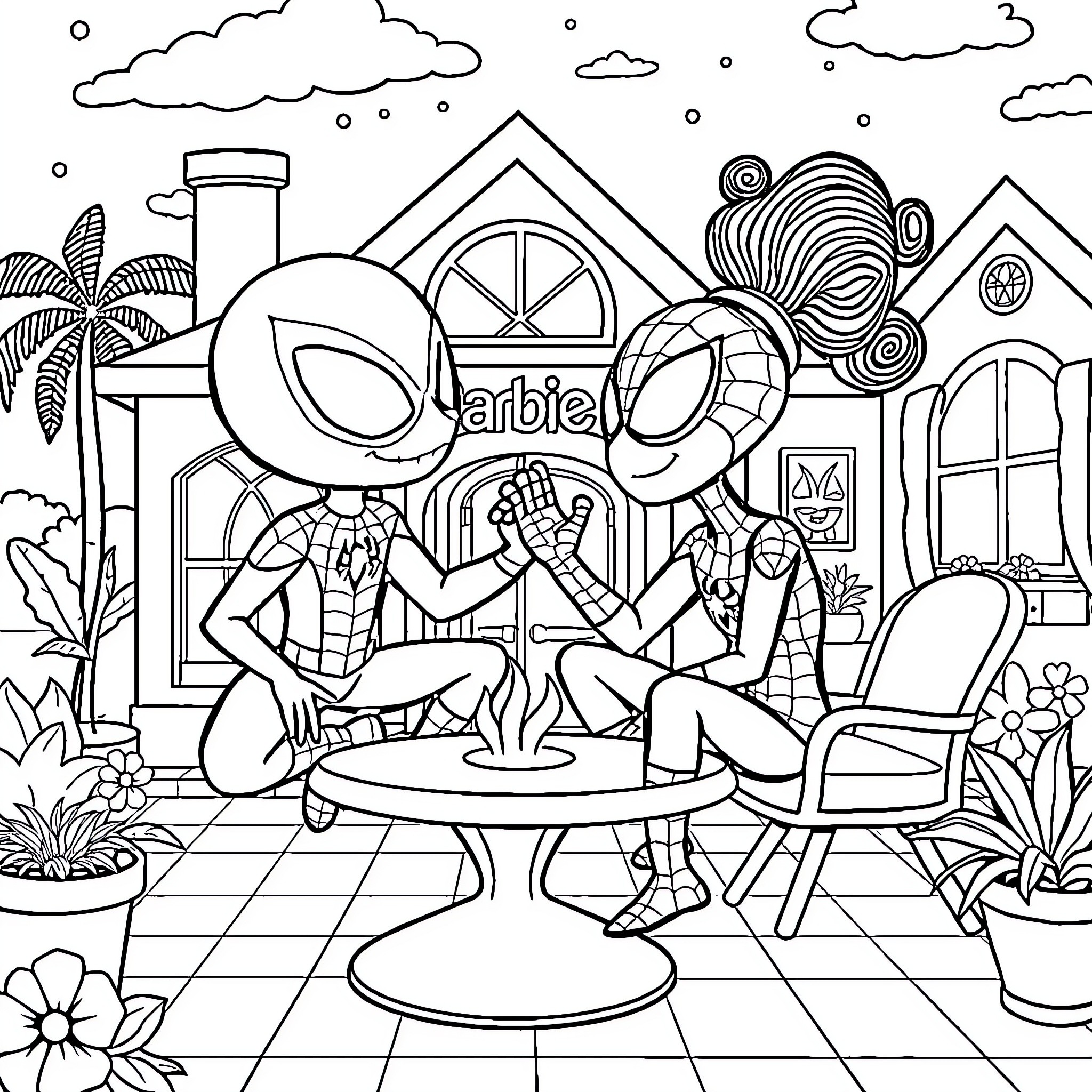 Bluey's Playful Encounter with Spiderman Coloring Page (free black-and-white line drawing printable PDF for all, from beginners to advanced learners, including children, teens, adults, and seniors)