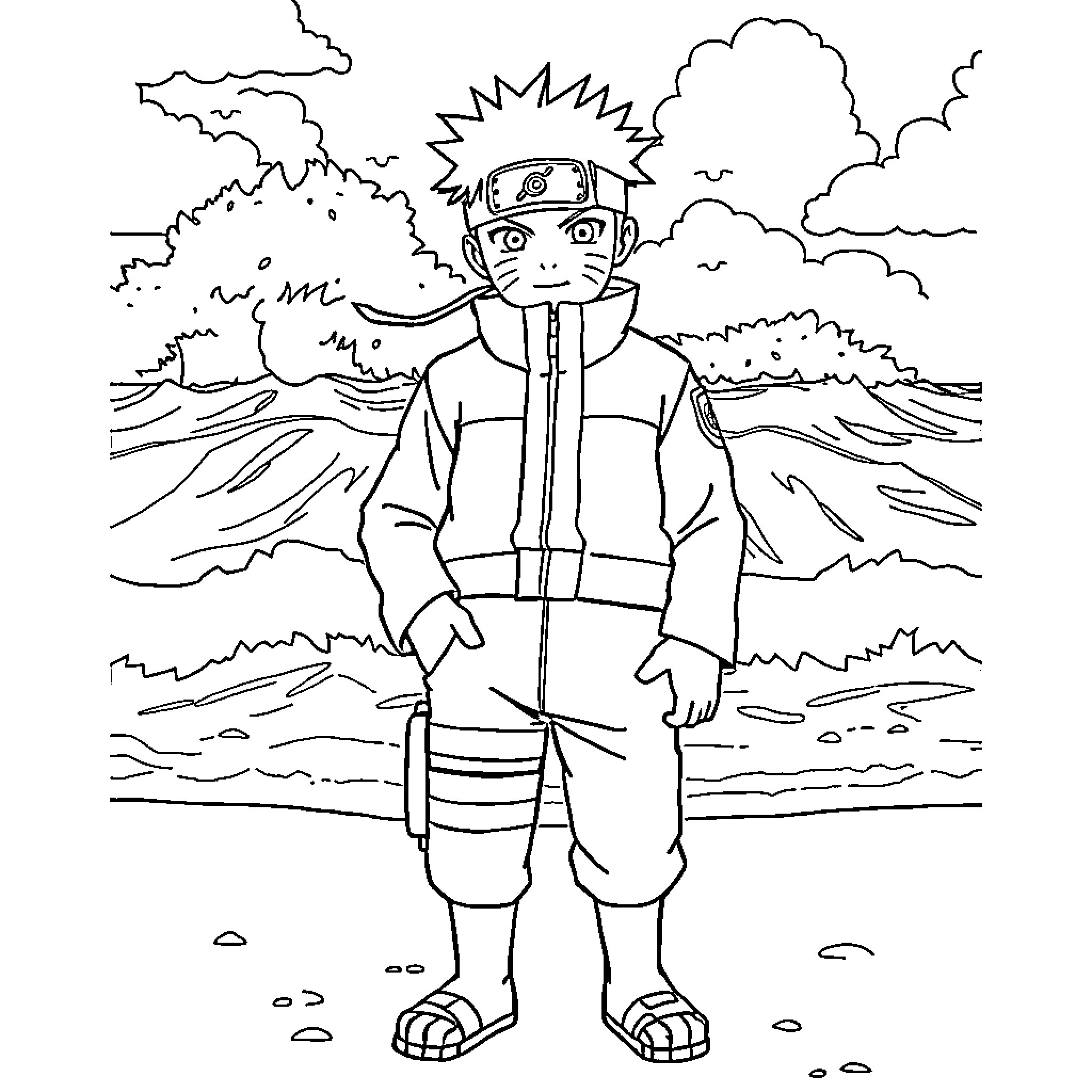 Naruto ninja training in the wilderness Coloring Page (free black-and-white line drawing printable PDF for all, from beginners to advanced learners, including children, teens, adults, and seniors)