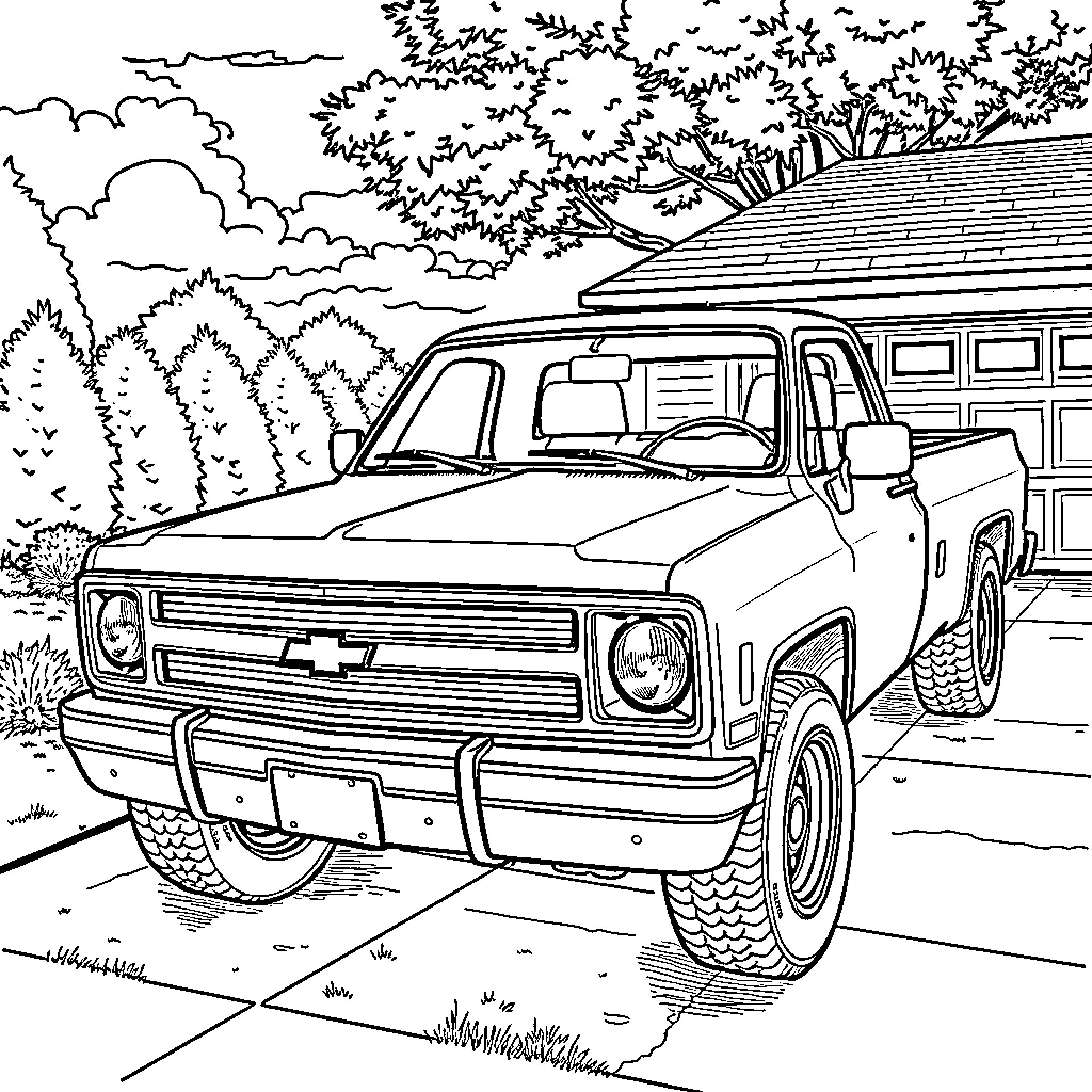 Chevy truck in rural countryside setting Coloring Page (free black-and-white line drawing printable PDF for all, from beginners to advanced learners, including children, teens, adults, and seniors)