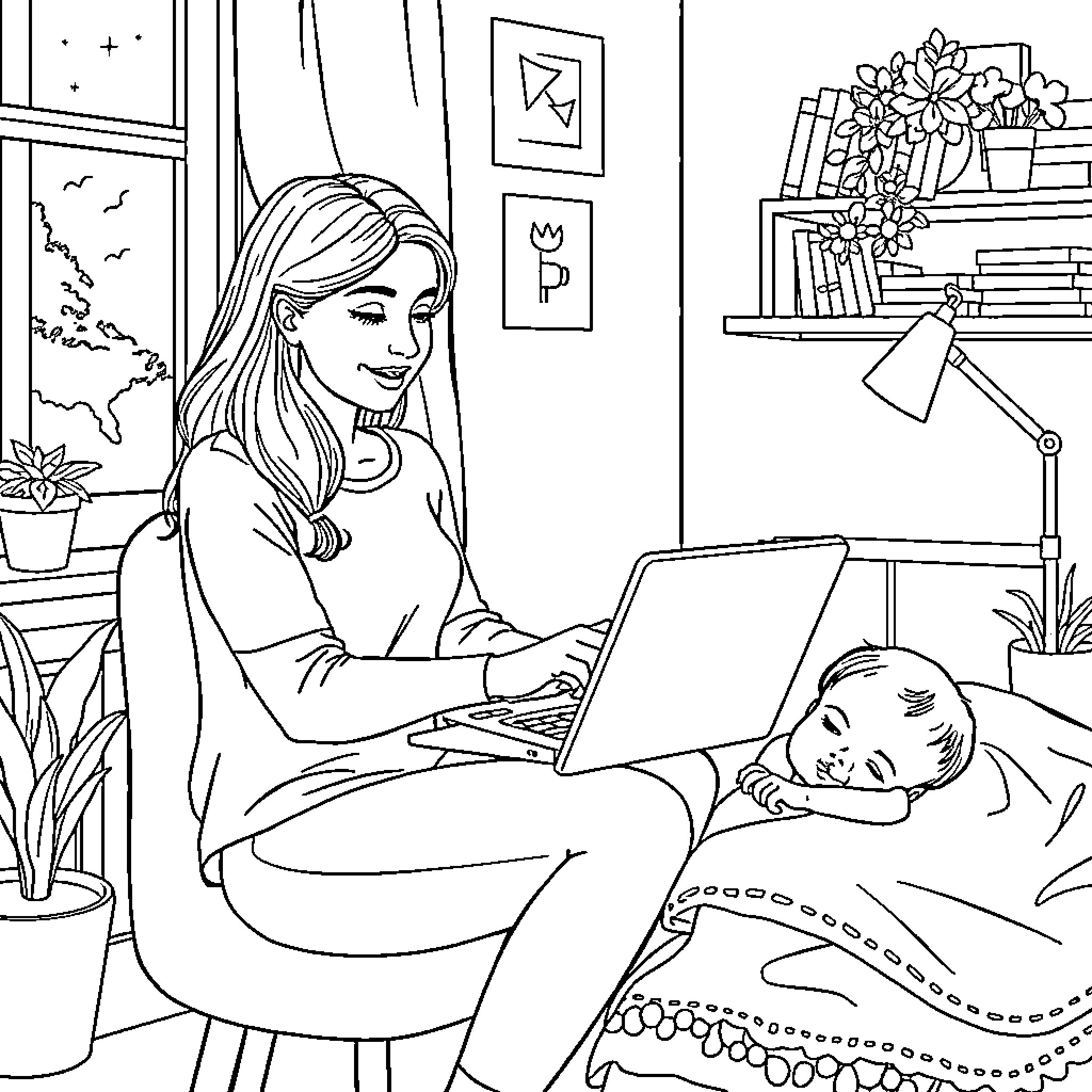 Lady working diligently at her computer in cozy surroundings Coloring Page (free black-and-white line drawing printable PDF for all, from beginners to advanced learners, including children, teens, adults, and seniors)