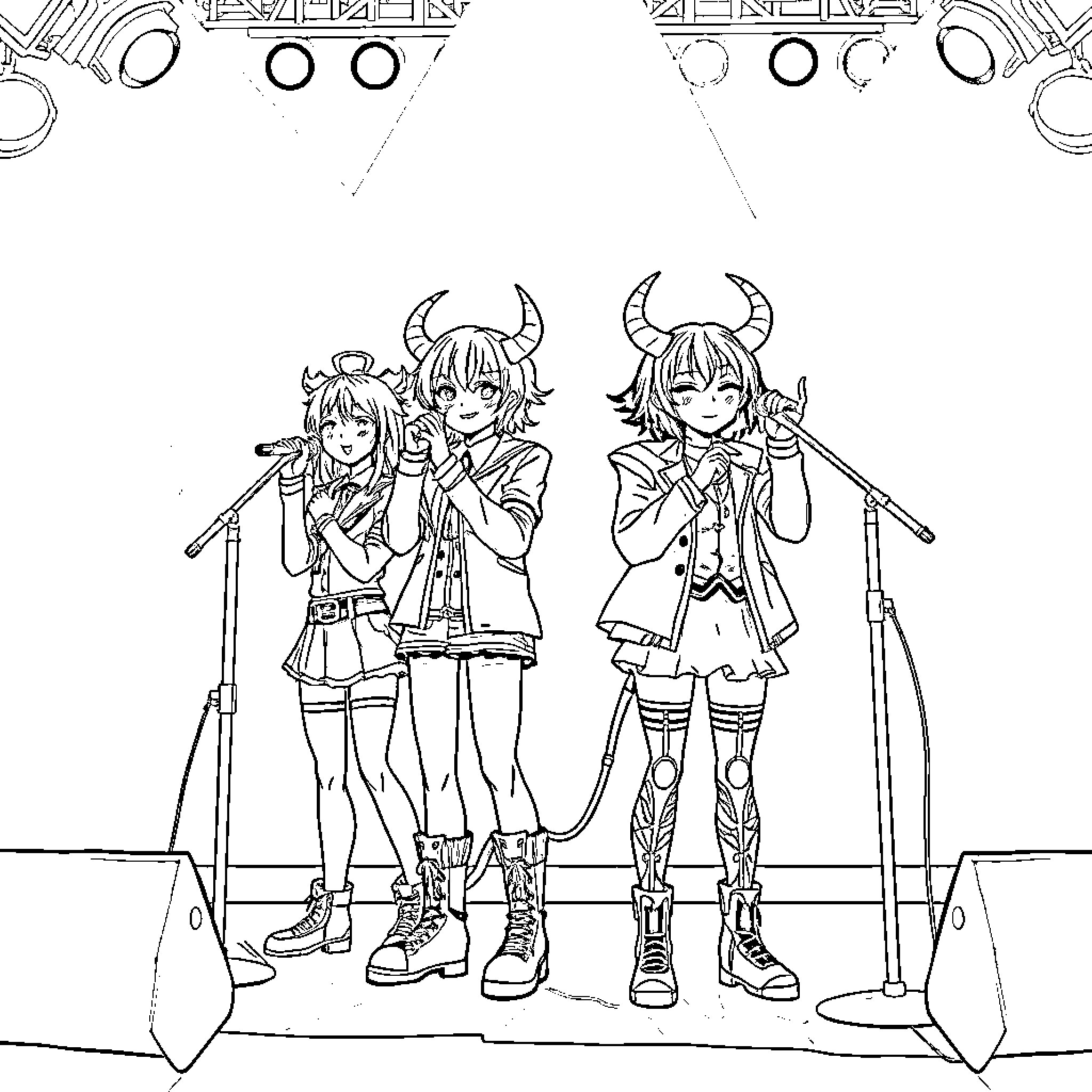 K-POP Demon Hunters Stage Performance Coloring Page (free black-and-white line drawing printable PDF for all, from beginners to advanced learners, including children, teens, adults, and seniors)