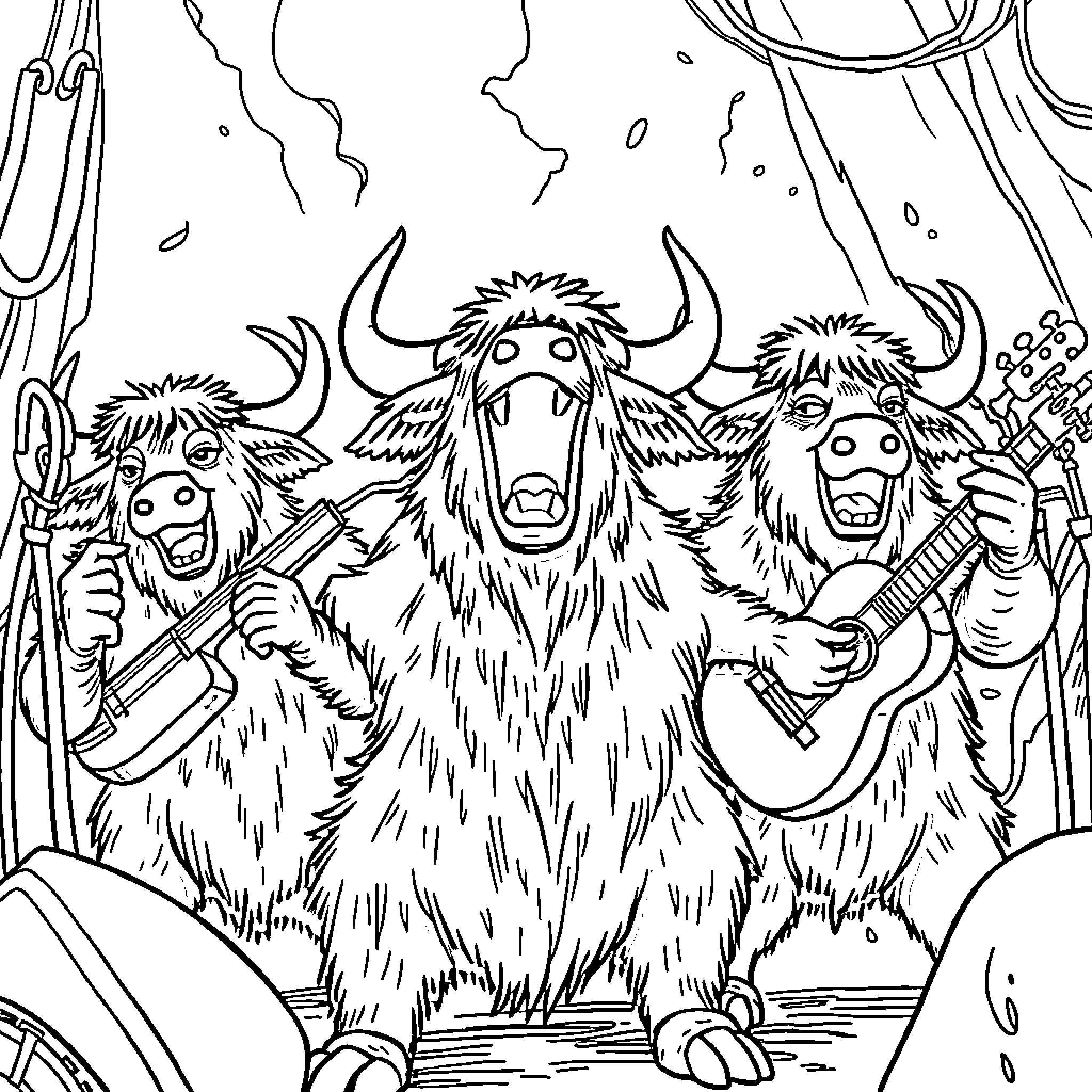 Yak rock band jamming in the mountains Coloring Page (free black-and-white line drawing printable PDF for all, from beginners to advanced learners, including children, teens, adults, and seniors)