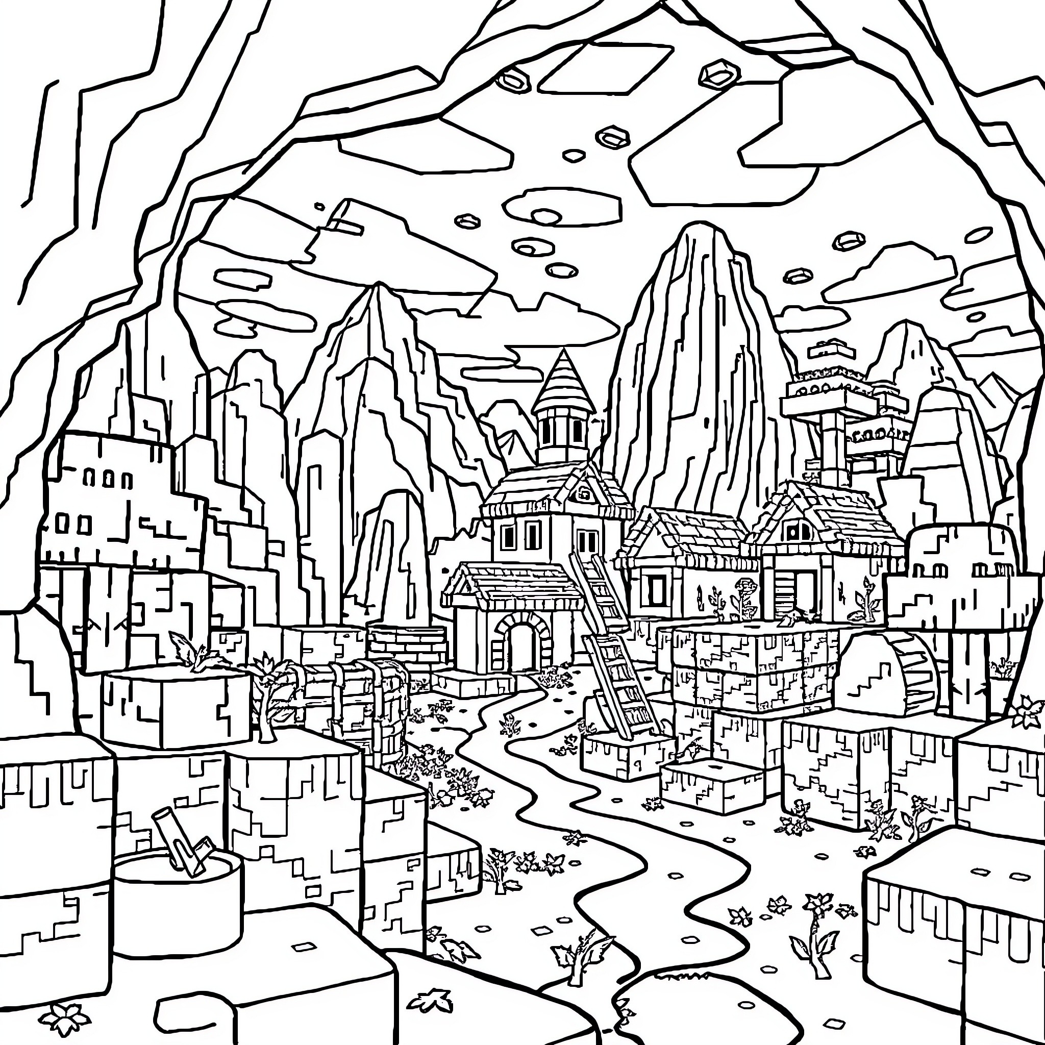 Minecraft fantasy landscape with mountain city Coloring Page (free black-and-white line drawing printable PDF for all, from beginners to advanced learners, including children, teens, adults, and seniors)