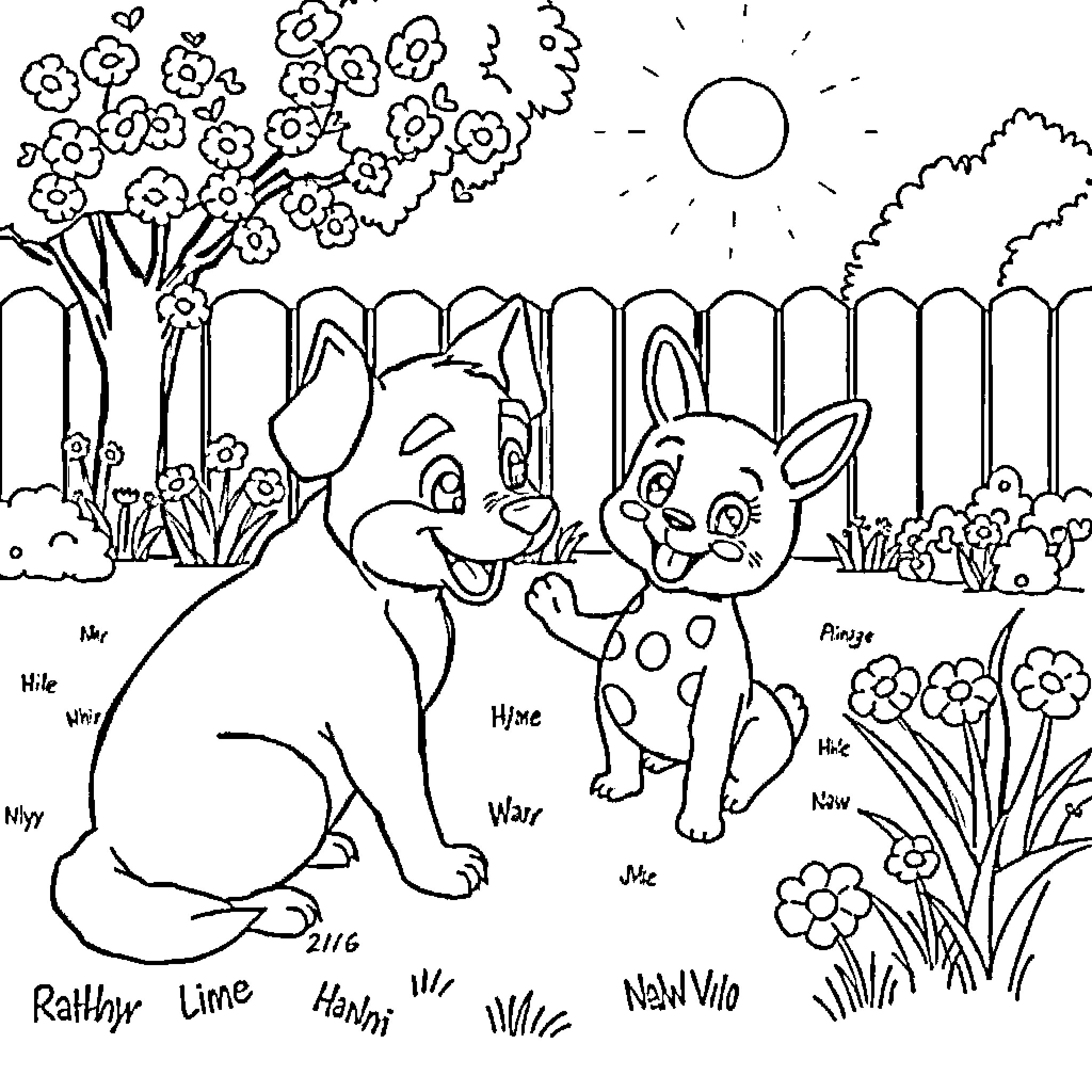Bluey and Bingo playing in a flower-filled garden Coloring Page (free black-and-white line drawing printable PDF for all, from beginners to advanced learners, including children, teens, adults, and seniors)