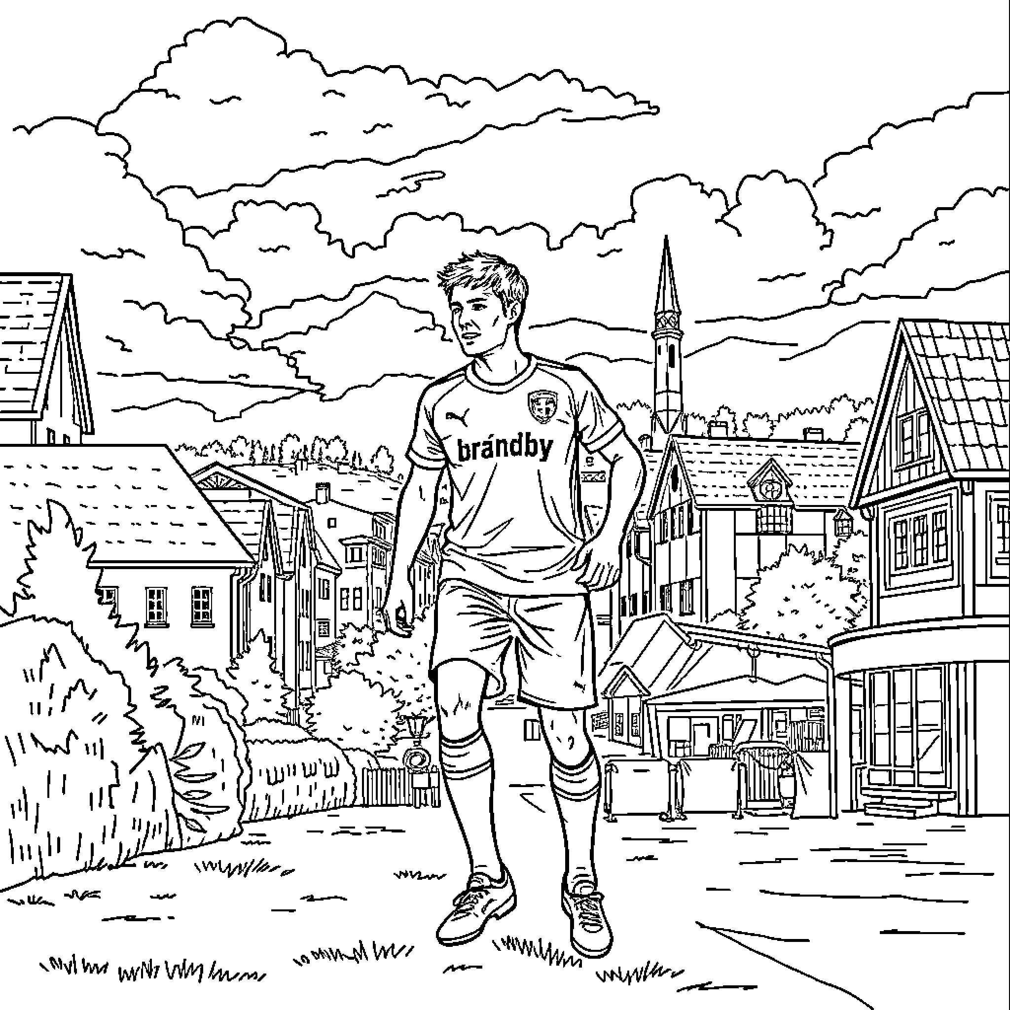 Brøndby IF Player Walking Through Picturesque Town Coloring Page (free black-and-white line drawing printable PDF for all, from beginners to advanced learners, including children, teens, adults, and seniors)