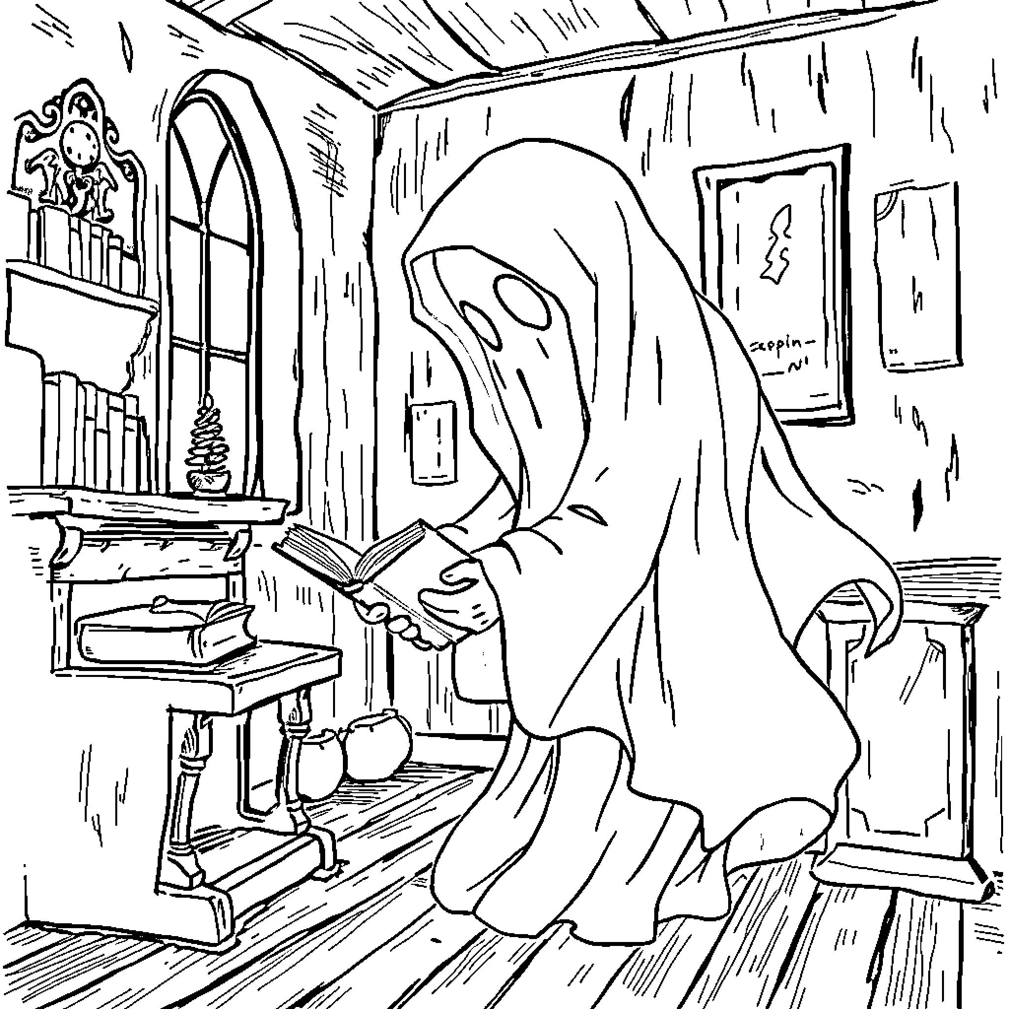 Ghost lurking in a spooky old house Coloring Page (free black-and-white line drawing printable PDF for all, from beginners to advanced learners, including children, teens, adults, and seniors)