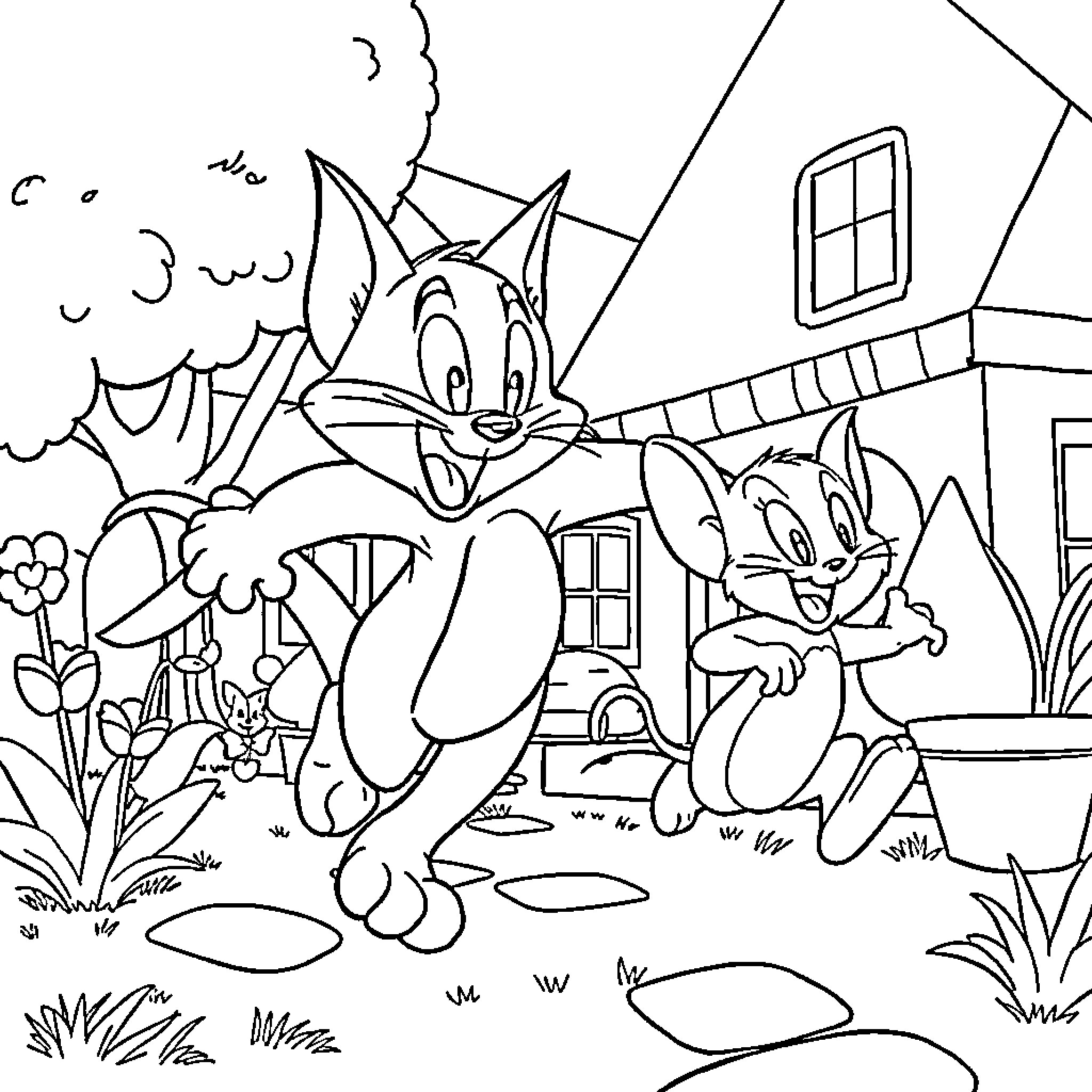 Tom and Jerry chasing and playing in the garden Coloring Page (free black-and-white line drawing printable PDF for all, from beginners to advanced learners, including children, teens, adults, and seniors)