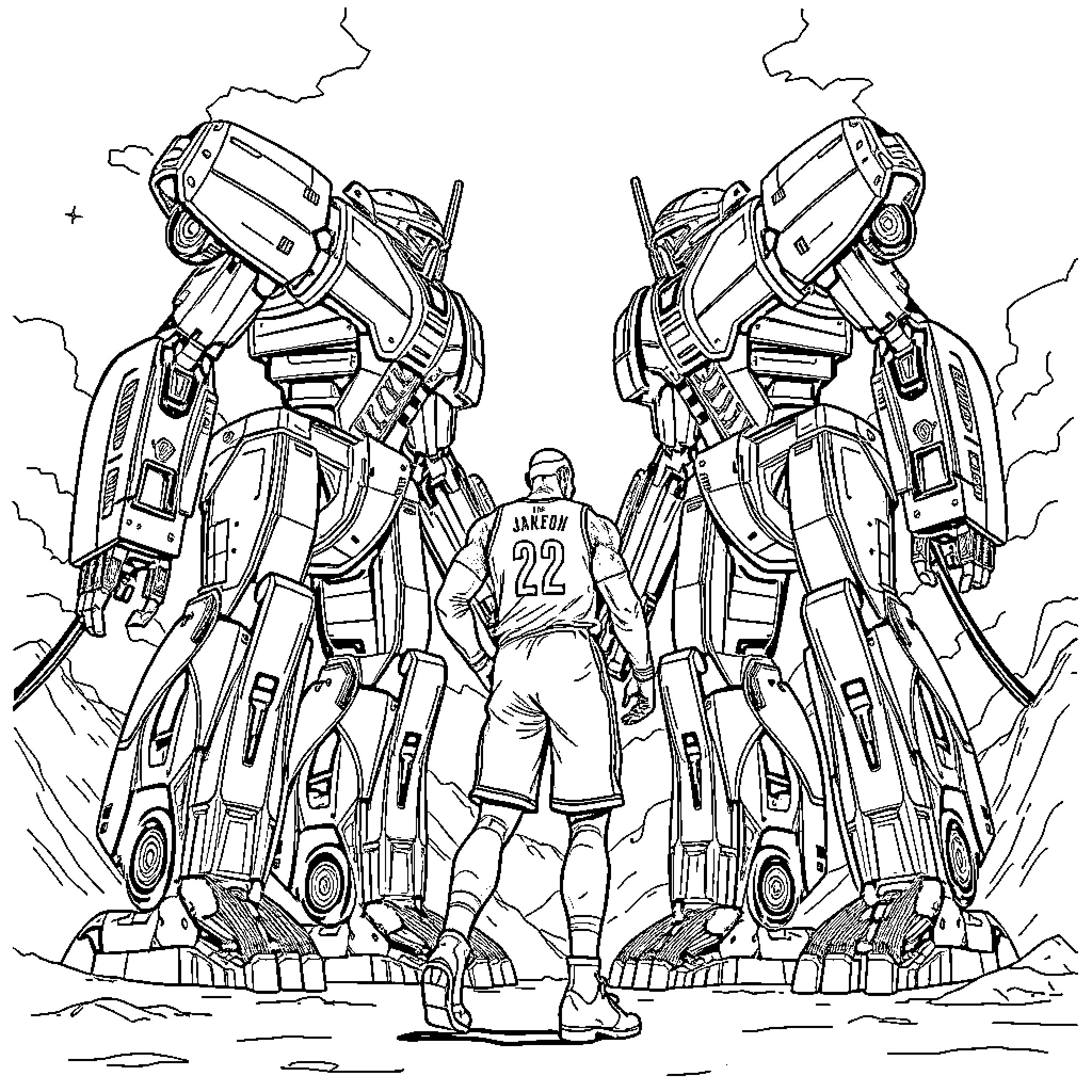 Jaeger Pilots Facing Colossal Mech Suits in Action Coloring Page (free black-and-white line drawing printable PDF for all, from beginners to advanced learners, including children, teens, adults, and seniors)