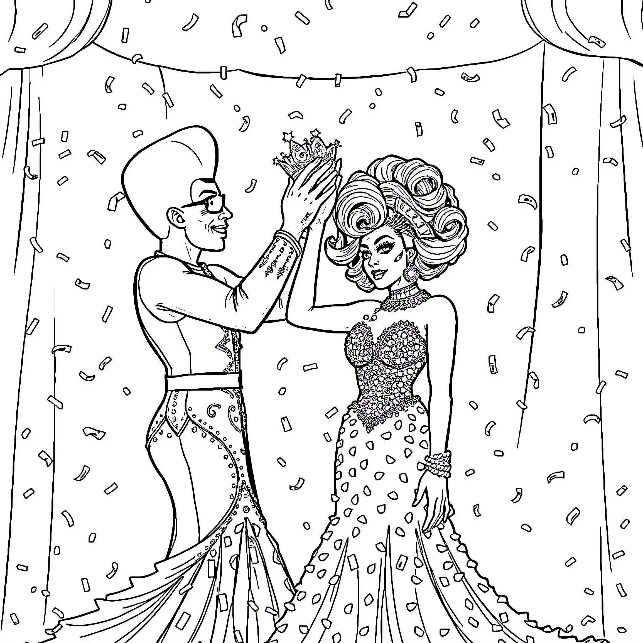 RuPaul's Glamorous Celebration on the Stage Coloring Page (free black-and-white line drawing printable PDF for all, from beginners to advanced learners, including children, teens, adults, and seniors)