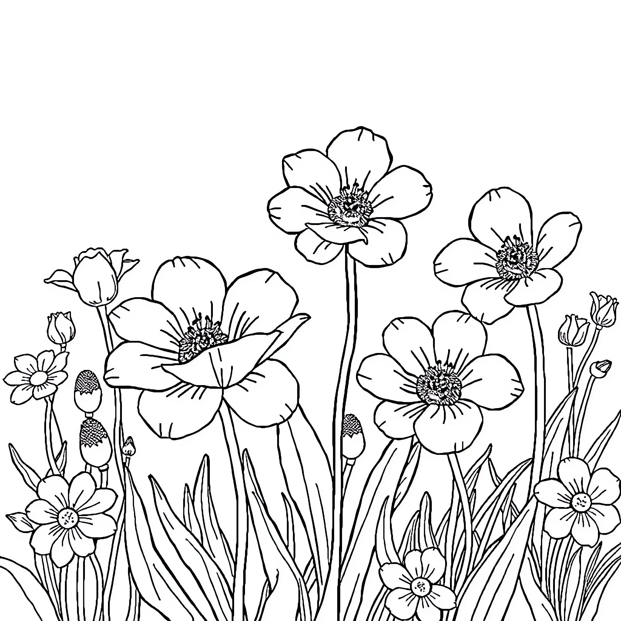 Flower Garden with Blooming Flowers Coloring Page (free black-and-white line drawing printable PDF for all, from beginners to advanced learners, including children, teens, adults, and seniors)