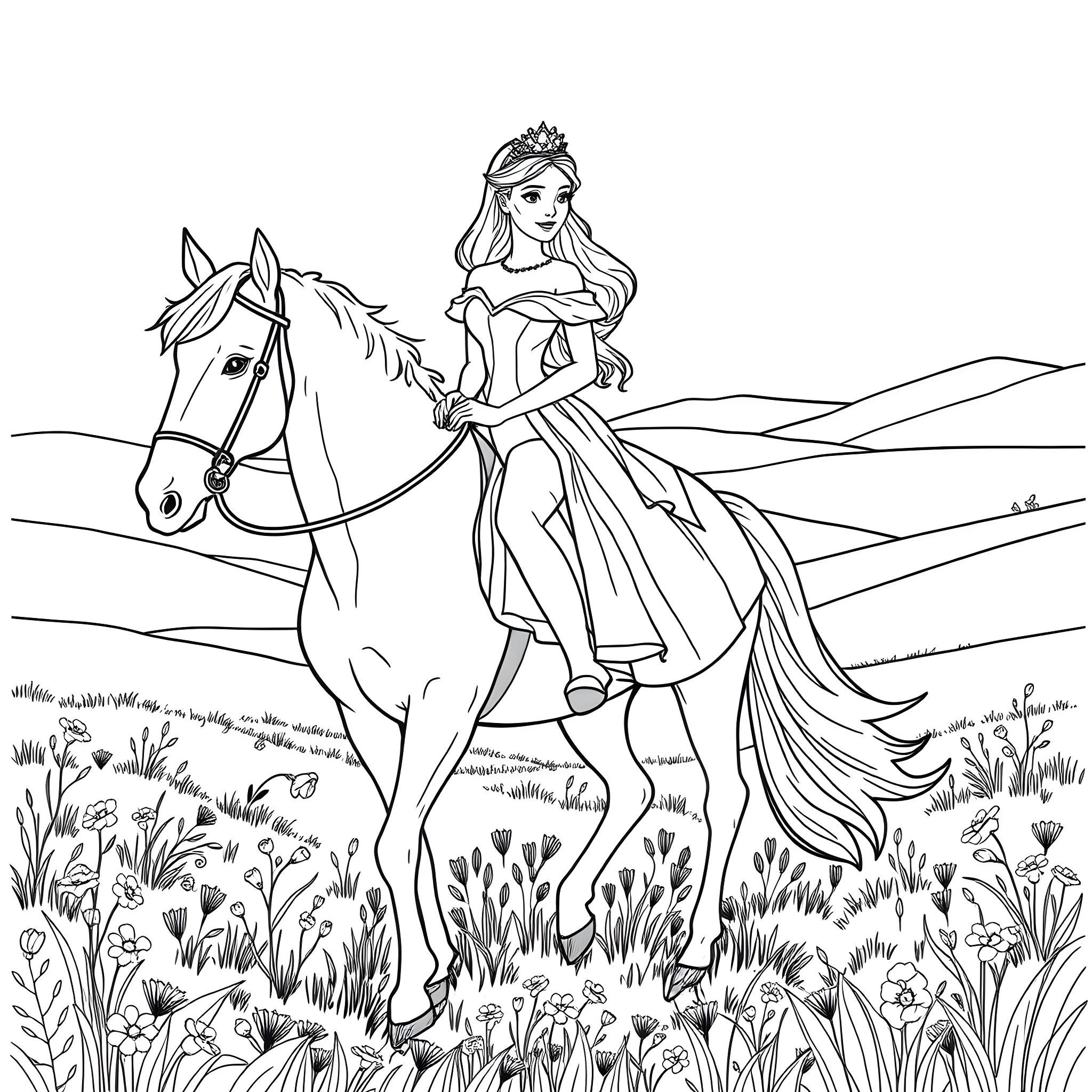 Princess Riding a Horse in a Flowery Field Coloring Page (free black-and-white line drawing printable PDF for all, from beginners to advanced learners, including children, teens, adults, and seniors)